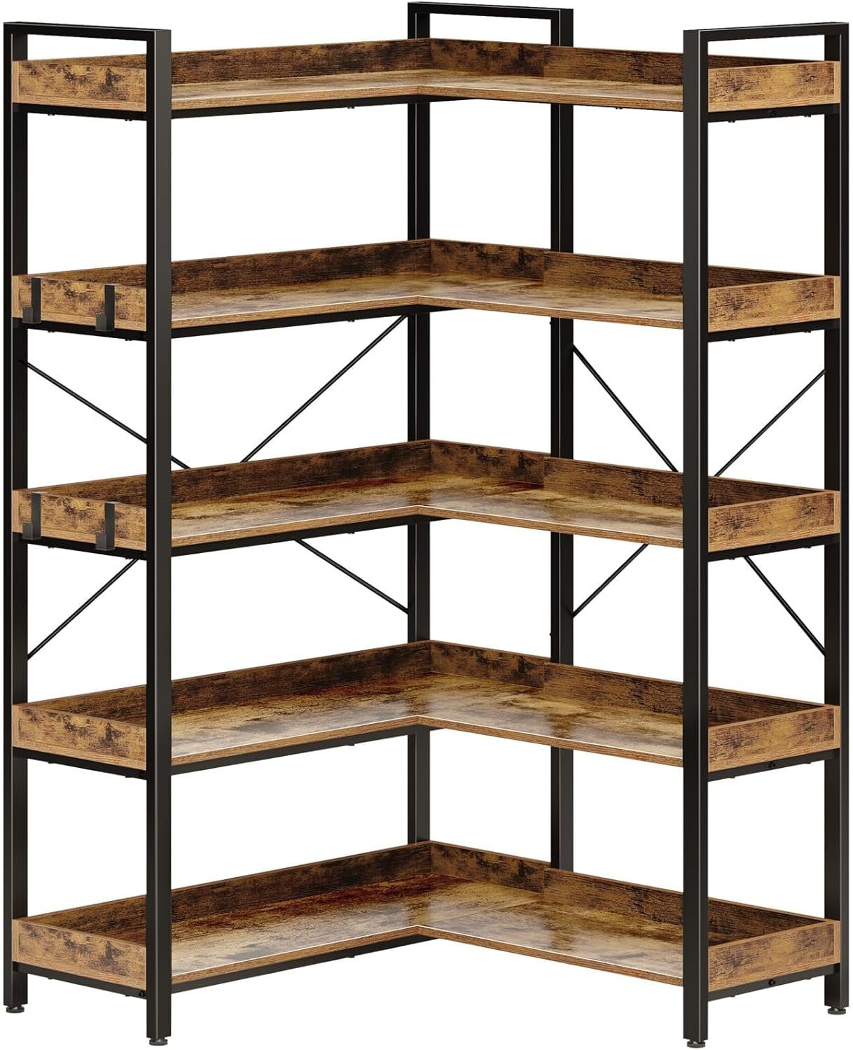 Rolanstar Bookshelf 5 Tier with 4 Hooks, Reversible Corner Bookshelf, 65" Industrial Wooden Bookcase with Open Shelves and Metal Frame for Living Room, Bedroom, Home Office, Rustic Brown