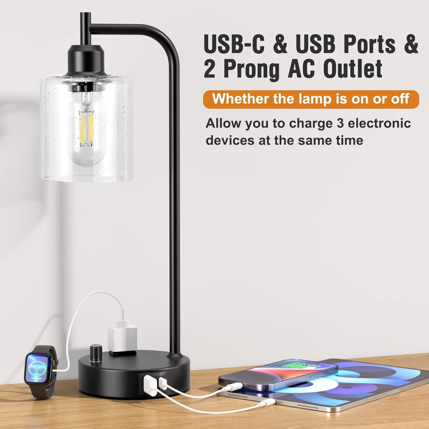 Industrial Table Lamps for Bedrooms Set of 2 - Fully Dimmable Bedside Lamps with USB A and C Ports and Outlet, Black Nightstand Lamps with Glass Shade for Living Room, Desk Lamps for Office Reading 5 Industrial Table Lamps for Bedrooms Set of 2 - Fully Dimmable Bedside Lamps with USB A and C Ports and Outlet, Black Nightstand Lamps with Glass Shade for Living Room, Desk Lamps for Office Reading - Image 5