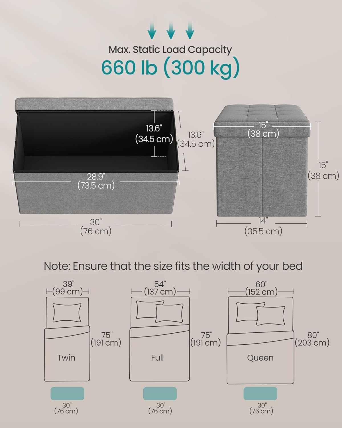 SONGMICS MAZIE Collection - 30 Inches Folding Storage Ottoman Bench, Ottoman Foot Rest, End of Bed Bench, Storage Chest, Load 660 lb, for Living Room, Bedroom, Entryway, Light Gray ULSF47G 2 SONGMICS MAZIE Collection - 30 Inches Folding Storage Ottoman Bench, Ottoman Foot Rest, End of Bed Bench, Storage Chest, Load 660 lb, for Living Room, Bedroom, Entryway, Light Gray ULSF47G - Image 2