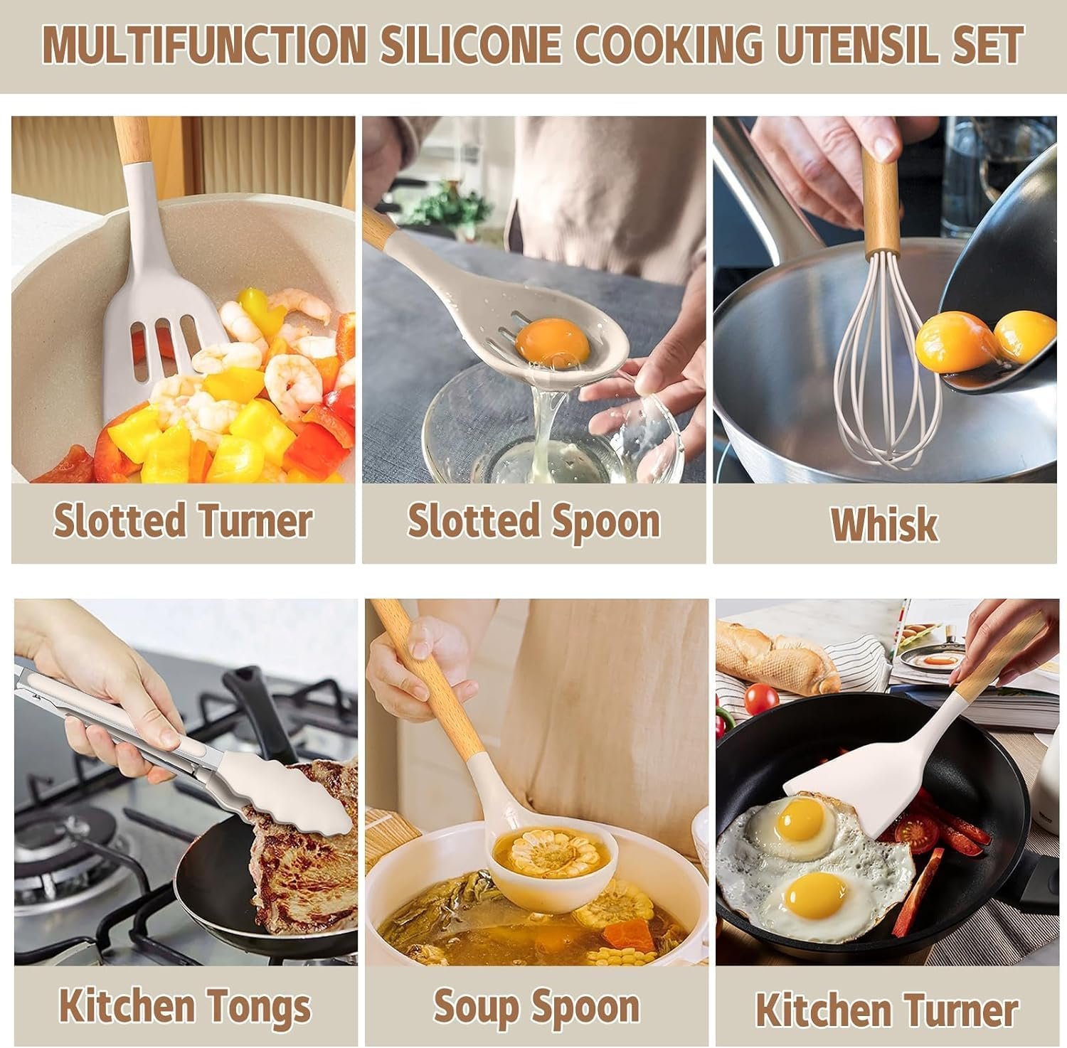 Umite Chef Kitchen Cooking Utensils Set, 33 pcs Non-Stick Silicone Cooking Kitchen Utensils Spatula Set with Holder, Wooden Handle Silicone Kitchen Gadgets Utensil Set (Khaki) 3 Umite Chef Kitchen Cooking Utensils Set, 33 pcs Non-Stick Silicone Cooking Kitchen Utensils Spatula Set with Holder, Wooden Handle Silicone Kitchen Gadgets Utensil Set (Khaki) - Image 3