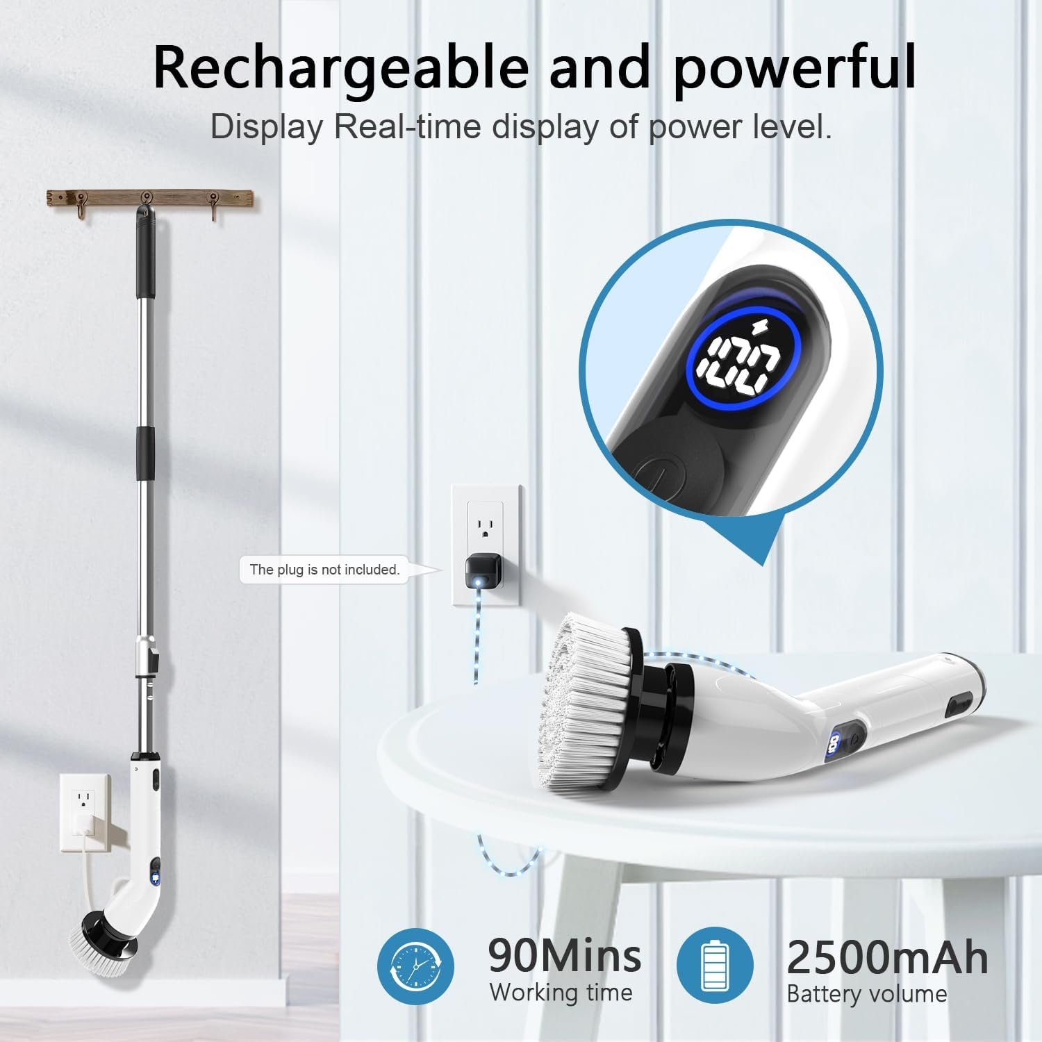 TUYU Electric Spin Scrubber, Full-Body IPX7 Waterproof Bathroom Scrubber with Power LCD Display, Adjustable Extension Handle, Cordless Shower Cleaner Brush for Bathtub Kitchen Wall Cleaning 5 TUYU Electric Spin Scrubber, Full-Body IPX7 Waterproof Bathroom Scrubber with Power LCD Display, Adjustable Extension Handle, Cordless Shower Cleaner Brush for Bathtub Kitchen Wall Cleaning - Image 5