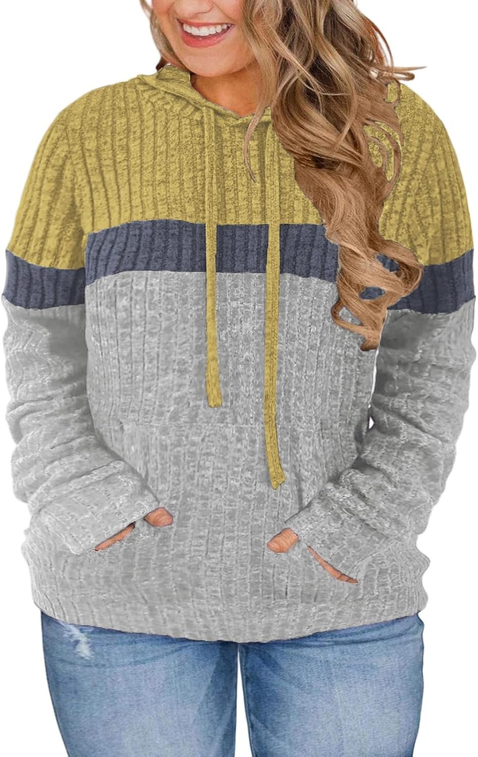 VISLILY Plus-Size-Hoodies for Women Casual Color Block Sweaters Long Sleeve Pullover Sweatshirts Cute Loose Tops with Pocket