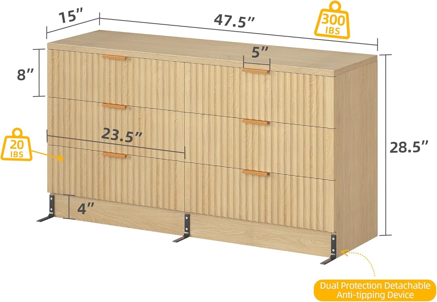 DWVO 6-Drawer Dressers, Chest of Drawers with Fluted Panel, Wide Versatile Storage Dresser Organizer for Living Room, Kitchen and Office, Natural, Upgraded 2 DWVO 6-Drawer Dressers, Chest of Drawers with Fluted Panel, Wide Versatile Storage Dresser Organizer for Living Room, Kitchen and Office, Natural, Upgraded - Image 2