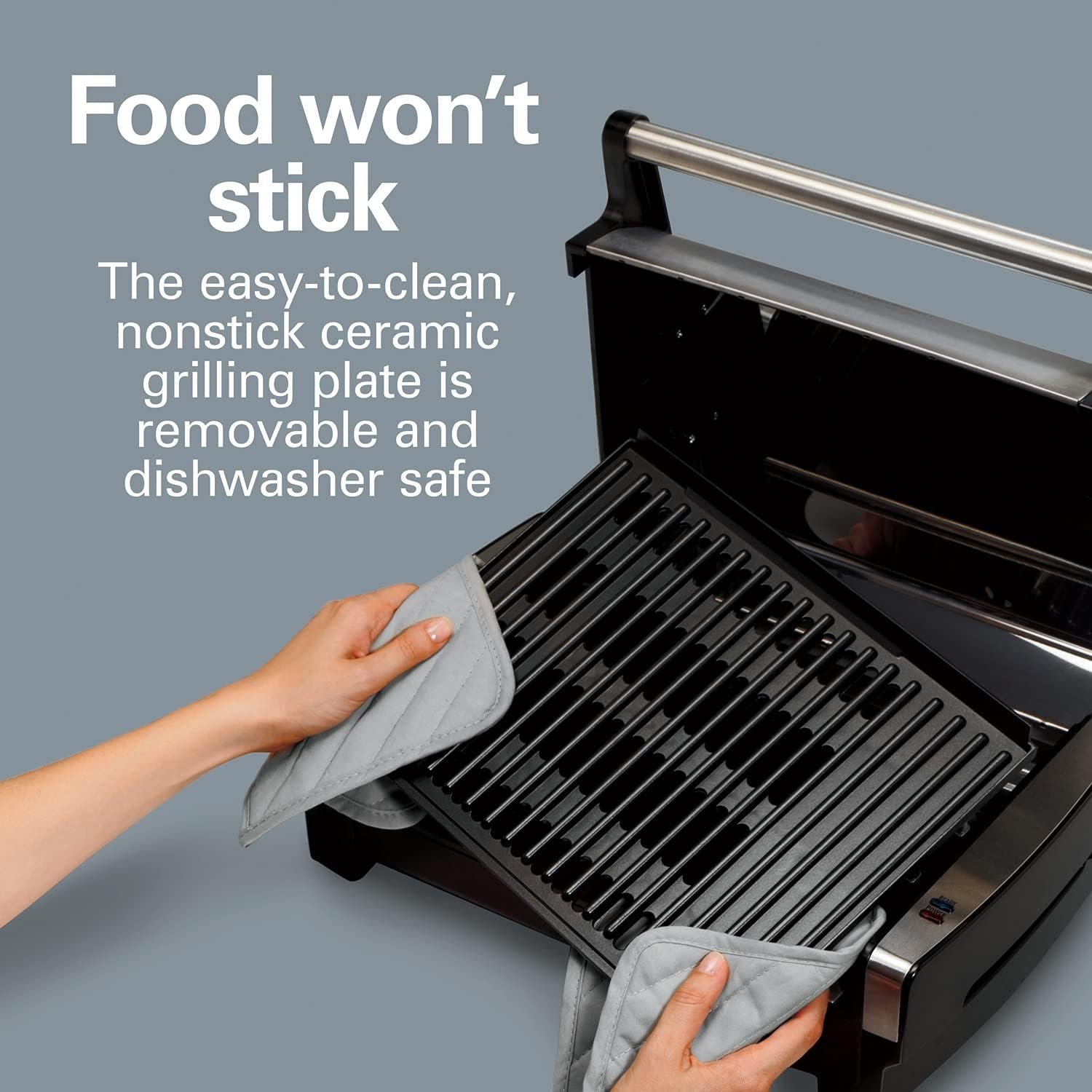 Hamilton Beach Electric Indoor Searing Grill with Viewing Window & Adjustable Temperature Control to 450F, 118 sq. in. Surface Serves 6, Removable Nonstick Grate, Stainless Steel 4 Hamilton Beach Electric Indoor Searing Grill with Viewing Window & Adjustable Temperature Control to 450F, 118 sq. in. Surface Serves 6, Removable Nonstick Grate, Stainless Steel - Image 4