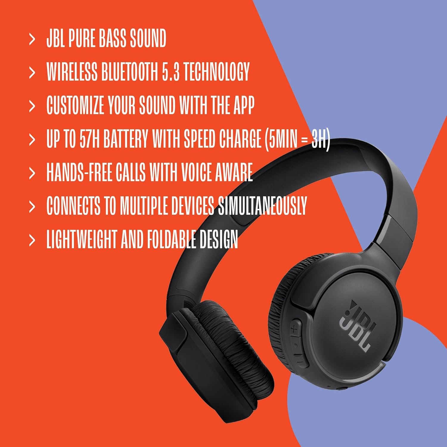JBL Tune 520BT - Wireless On-Ear Headphones, Up to 57H Battery Life and Speed Charge, Lightweight, Comfortable and Foldable Design, Hands-Free Calls with Voice Aware (Purple) 8 JBL Tune 520BT - Wireless On-Ear Headphones, Up to 57H Battery Life and Speed Charge, Lightweight, Comfortable and Foldable Design, Hands-Free Calls with Voice Aware (Purple) - Image 8