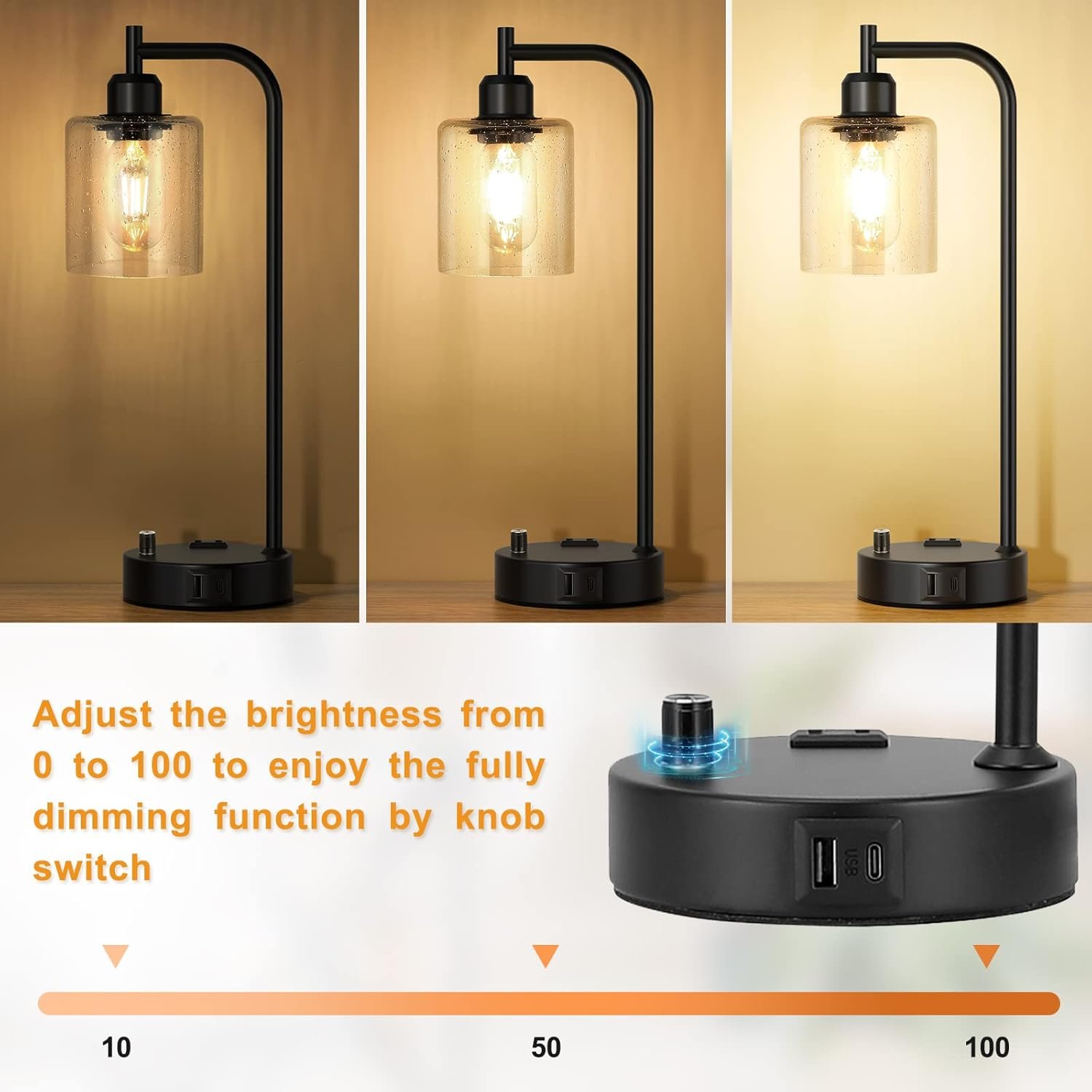 Industrial Table Lamps for Bedrooms Set of 2 - Fully Dimmable Bedside Lamps with USB A and C Ports and Outlet, Black Nightstand Lamps with Glass Shade for Living Room, Desk Lamps for Office Reading 3 Industrial Table Lamps for Bedrooms Set of 2 - Fully Dimmable Bedside Lamps with USB A and C Ports and Outlet, Black Nightstand Lamps with Glass Shade for Living Room, Desk Lamps for Office Reading - Image 3