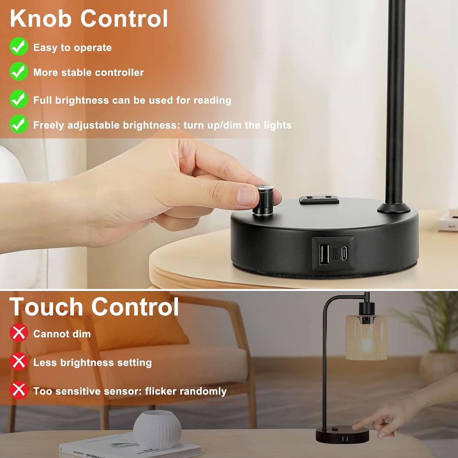 Industrial Table Lamps for Bedrooms Set of 2 - Fully Dimmable Bedside Lamps with USB A and C Ports and Outlet, Black Nightstand Lamps with Glass Shade for Living Room, Desk Lamps for Office Reading 4 Industrial Table Lamps for Bedrooms Set of 2 - Fully Dimmable Bedside Lamps with USB A and C Ports and Outlet, Black Nightstand Lamps with Glass Shade for Living Room, Desk Lamps for Office Reading - Image 4