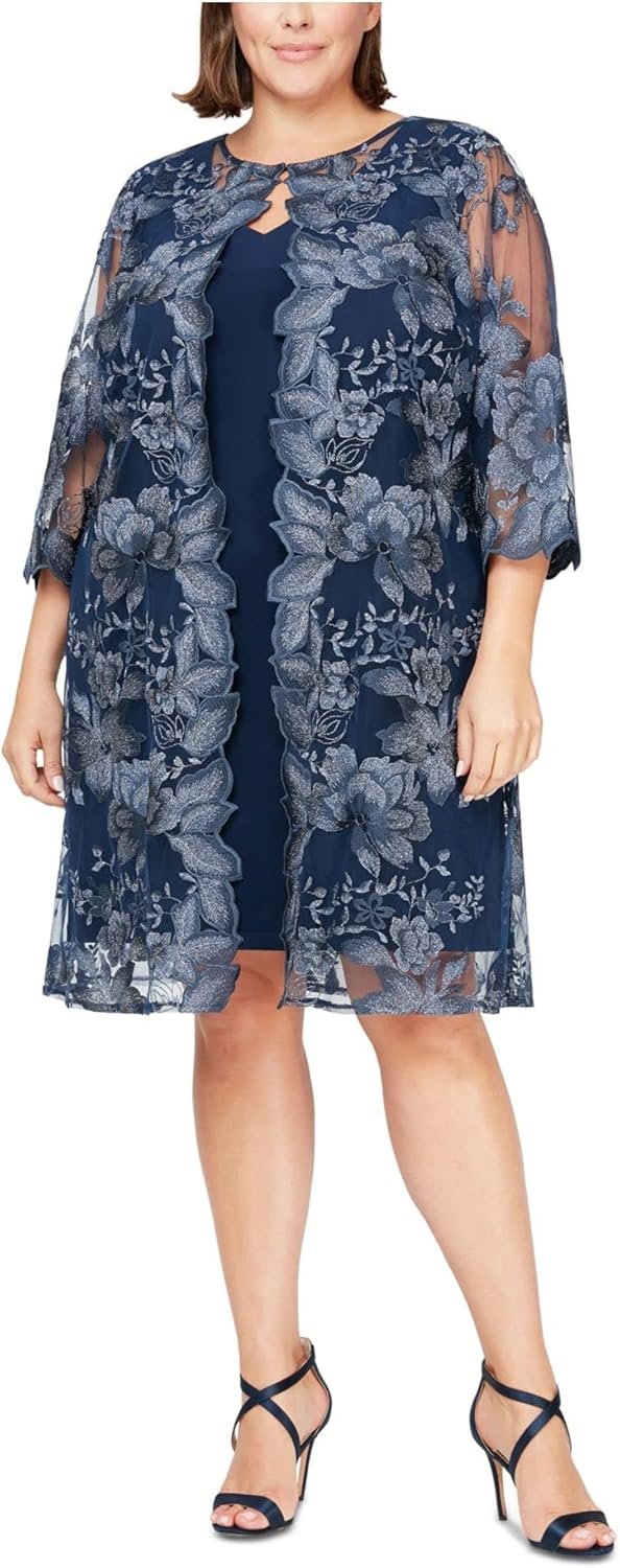 Alex Evenings Women's Plus Size Midi Scoop Neck Shift Dress with Jacket