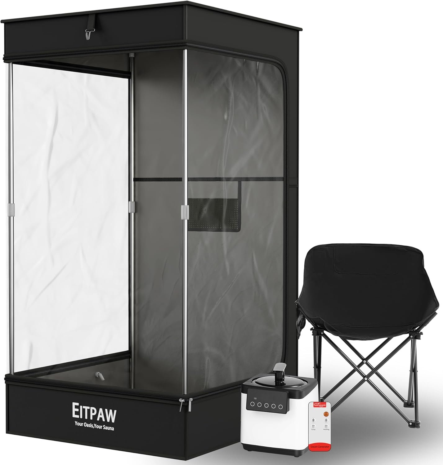 Eitpaw Sauna Box, Transparent Steam Sauna for Home Personal Use, RGB LED Light, 2.6L & 1000W Steamer, Widen Foldable Chair, 2.95’ x 2.95’ x 5.25’, Transparent Black