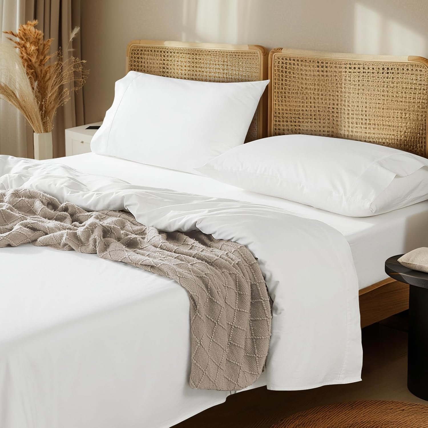 LBRO2M 1000 Thread Count 100% Egyptian Cotton Sheets Set,King Size Bed Sheet 4 Piece Sets,Long Staple,16 Inches Deep Pocket,All Season,Bedding Super Soft Breathable,Sateen Weave(White)