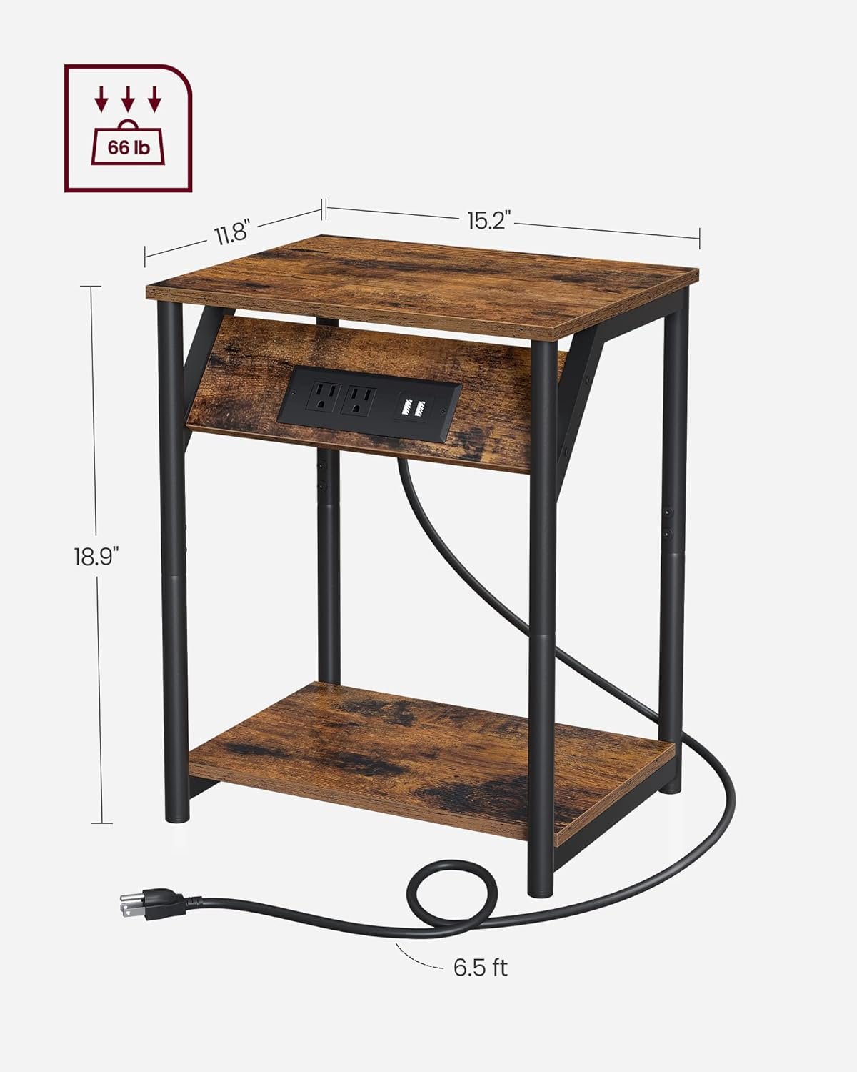 VASAGLE End Table with Charging Station, Set of 2, Small Side Tables for Living Room, Bedroom, Nightstand with Outlets and USB Ports, Bedside Table with Storage Shelf, Rustic Brown and Black 2 VASAGLE End Table with Charging Station, Set of 2, Small Side Tables for Living Room, Bedroom, Nightstand with Outlets and USB Ports, Bedside Table with Storage Shelf, Rustic Brown and Black - Image 2