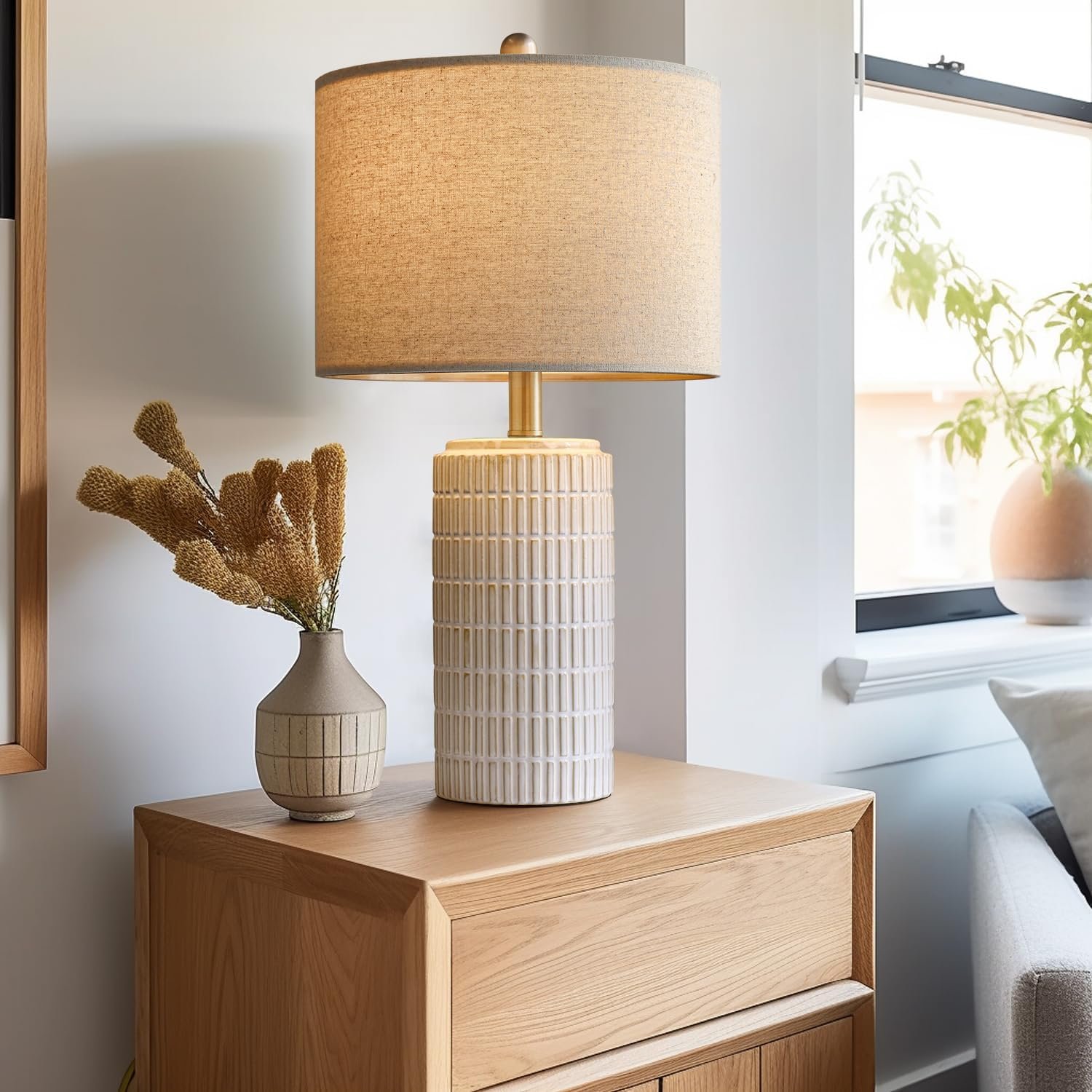 PoKat 23" Modern Ceramic Table Lamp Set of 2 for Living Room White Desk Lamps for Bedroom Farmhouse Bedside Nightstand Bedside Lamp End Table Lamps Beige 4 PoKat 23" Modern Ceramic Table Lamp Set of 2 for Living Room White Desk Lamps for Bedroom Farmhouse Bedside Nightstand Bedside Lamp End Table Lamps Beige - Image 4