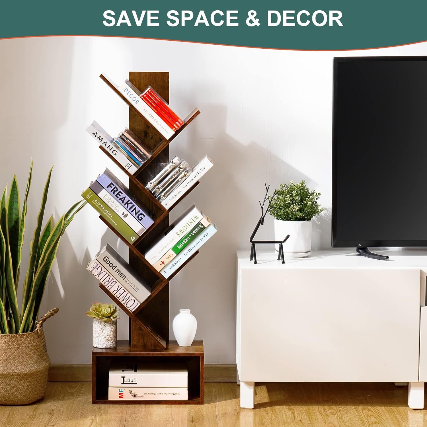 Yoobure Tree Bookshelf - 6 Shelf Retro Floor Standing Bookcase, Tall Wood Book Storage Rack for CDs/Movies/Books, Utility Book Organizer Shelves for Bedroom, Living Room, Home Office 4 Yoobure Tree Bookshelf - 6 Shelf Retro Floor Standing Bookcase, Tall Wood Book Storage Rack for CDs/Movies/Books, Utility Book Organizer Shelves for Bedroom, Living Room, Home Office - Image 4