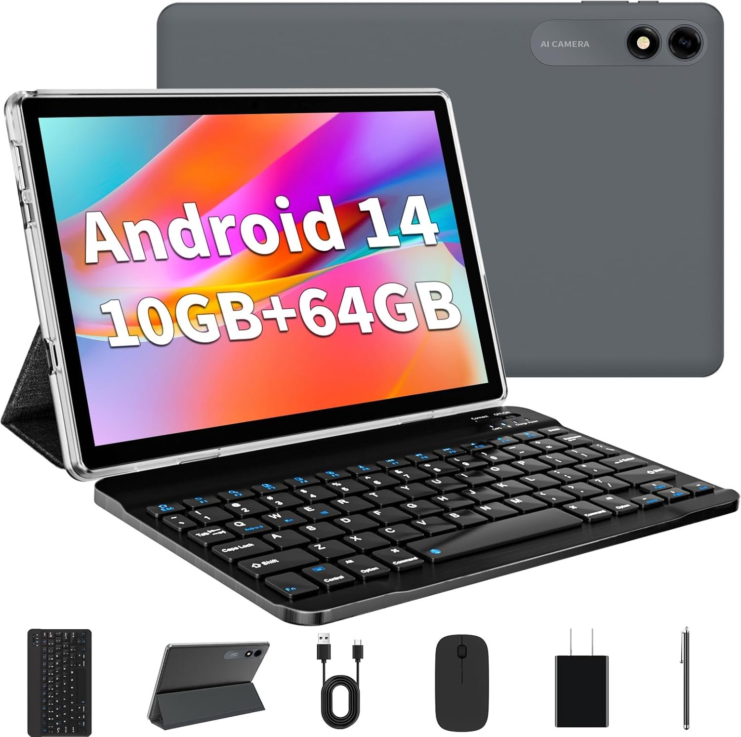Android 14 Tablet 10.1 inch Tablet 2024 Latest Tablet with Keyboard Mouse 10GB+64GB 1TB Expand 6000mAh Octa-Core Processor Dual Camera WiFi 1280x800 IPS 18W Fast Charging(Black)