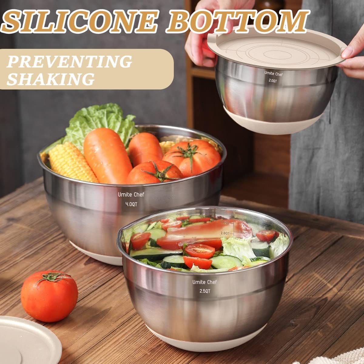 Mixing Bowls with Airtight Lids Set, 26PCS Stainless Steel Khaki Bowls with Grater Attachments, Non-Slip Bottoms & Kitchen Gadgets Set, Size 7, 4, 2.5, 2.0,1.5, 1QT, Great for Mixing & Serving 4 Mixing Bowls with Airtight Lids Set, 26PCS Stainless Steel Khaki Bowls with Grater Attachments, Non-Slip Bottoms & Kitchen Gadgets Set, Size 7, 4, 2.5, 2.0,1.5, 1QT, Great for Mixing & Serving - Image 4