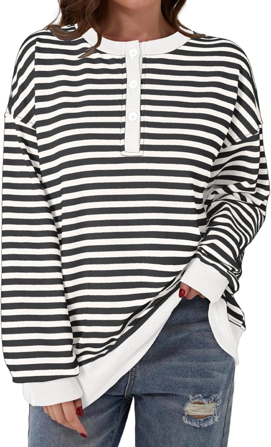 Dokotoo Womens Casual Crewneck Color Block Striped Oversized Sweatshirt Long Sleeve Shirts Tunic Tops