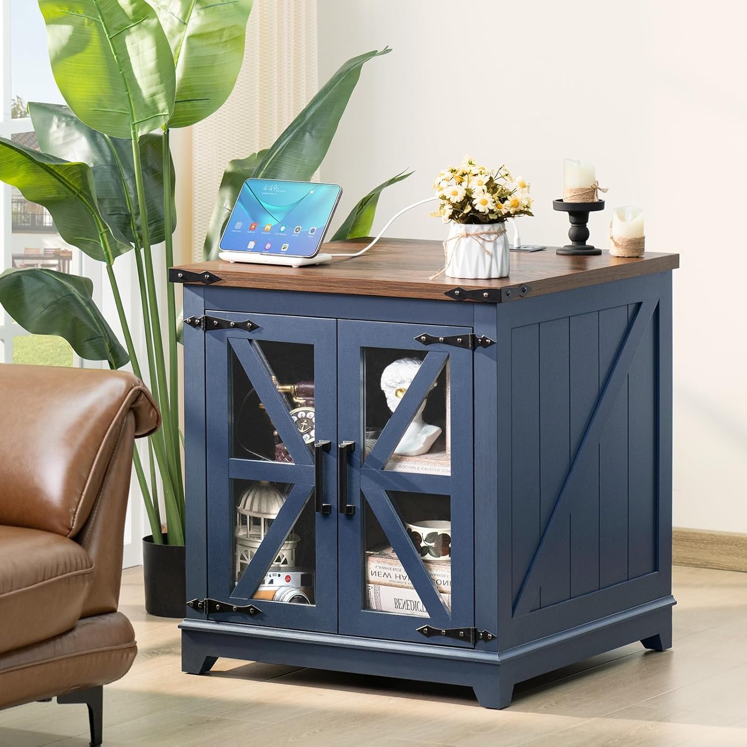 Farmhouse End Table with Charging Station Set 2, 24" Large Sofa Side Table with Glass Barn Door, Blue Nightstand with Adjustable Storage Shelf,Wood Square Bedside Table for Living Room,Bedroom 5 Farmhouse End Table with Charging Station Set 2, 24" Large Sofa Side Table with Glass Barn Door, Blue Nightstand with Adjustable Storage Shelf,Wood Square Bedside Table for Living Room,Bedroom - Image 5