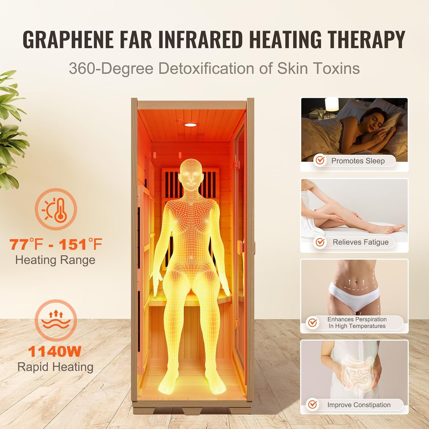 VEVOR Far Infrared Wooden Sauna, Room Home Sauna Spa for One Person, 1140W Low EMF Far Infrared Hemlock Wood Sauna with Tempered Glass Door & LED Reading Lamp & Bluetooth Speakers, 35 * 29 * 64 Inch 3 VEVOR Far Infrared Wooden Sauna, Room Home Sauna Spa for One Person, 1140W Low EMF Far Infrared Hemlock Wood Sauna with Tempered Glass Door & LED Reading Lamp & Bluetooth Speakers, 35 * 29 * 64 Inch - Image 3