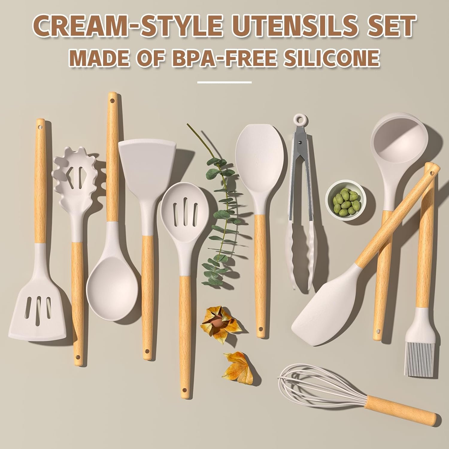 Umite Chef Kitchen Cooking Utensils Set, 33 pcs Non-Stick Silicone Cooking Kitchen Utensils Spatula Set with Holder, Wooden Handle Silicone Kitchen Gadgets Utensil Set (Khaki) 4 Umite Chef Kitchen Cooking Utensils Set, 33 pcs Non-Stick Silicone Cooking Kitchen Utensils Spatula Set with Holder, Wooden Handle Silicone Kitchen Gadgets Utensil Set (Khaki) - Image 4