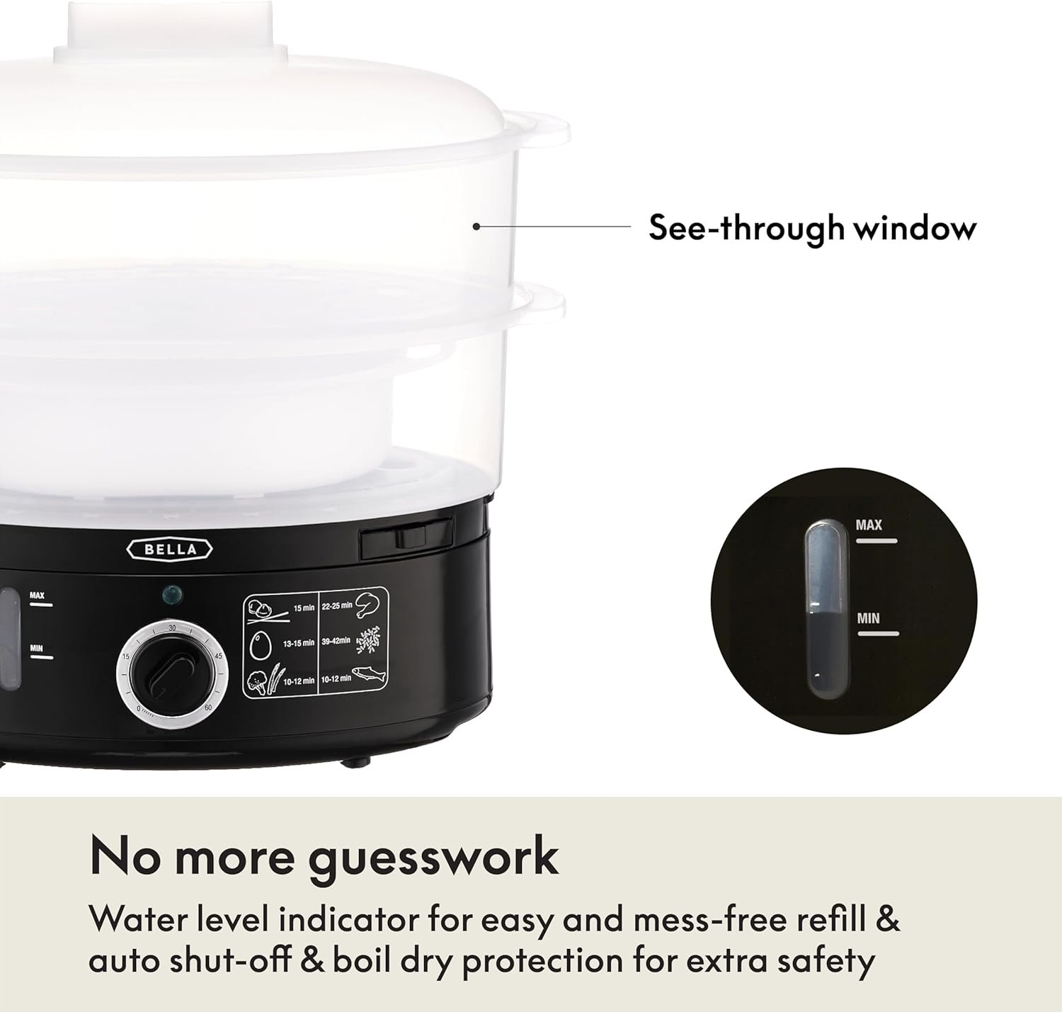 BELLA Two Tier Food Steamer with Dishwasher Safe Lids and Stackable Baskets & Removable Base for Fast Simultaneous Cooking - Auto Shutoff & Boil Dry Protection, Stainless Steel, 7.4 QT, Black 3 BELLA Two Tier Food Steamer with Dishwasher Safe Lids and Stackable Baskets & Removable Base for Fast Simultaneous Cooking - Auto Shutoff & Boil Dry Protection, Stainless Steel, 7.4 QT, Black - Image 3