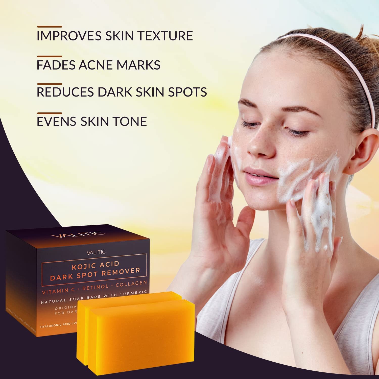 VALITIC Kojic Acid Dark Spot Remover Soap Bars with Vitamin C, Retinol, Collagen, Turmeric - Original Japanese Complex Infused with Hyaluronic Acid, Vitamin E, Shea Butter, Castile Olive Oil (2 Pack) 5 VALITIC Kojic Acid Dark Spot Remover Soap Bars with Vitamin C, Retinol, Collagen, Turmeric - Original Japanese Complex Infused with Hyaluronic Acid, Vitamin E, Shea Butter, Castile Olive Oil (2 Pack) - Image 5