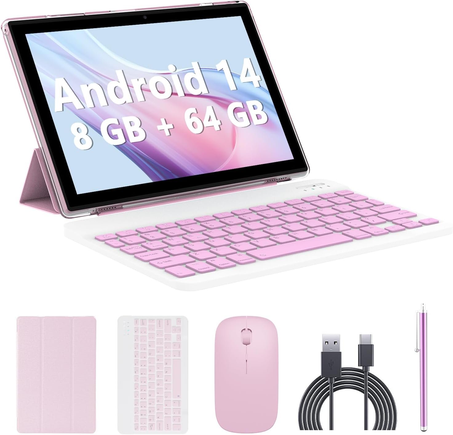 Android 14 Tablet, 10 inch 2 in 1 Tablets with Keyboard Mouse Case Stylus, 8GB+64GB+1TB Expand Tablet, 8MP Camera, IPS Touch Screen Tablet Computer, 5G WiFi, Bluetooth, Long Battery Life Tablet Pink