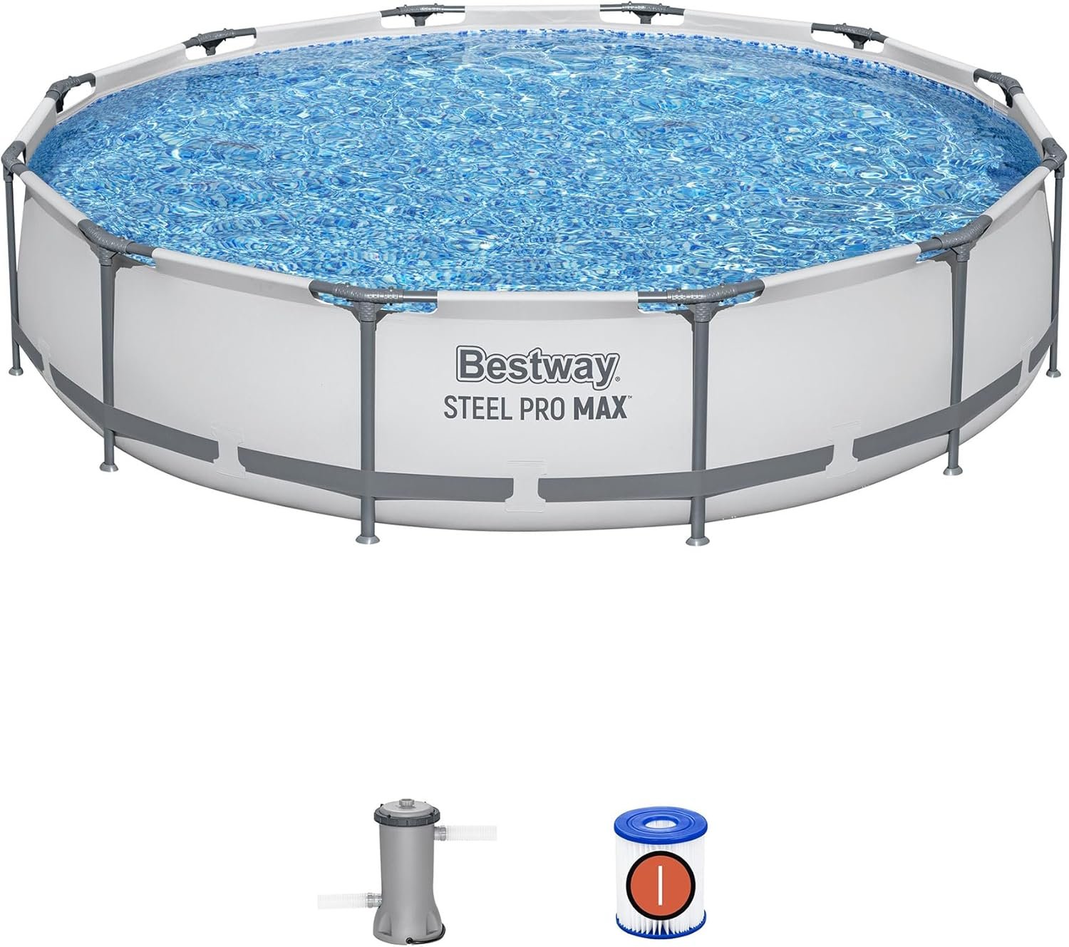 Bestway Steel Pro MAX 12 Foot by 30 Inch Round Above Ground Swimming Pool Set Outdoor Metal Frame Family Pool with Filter Pump, Gray