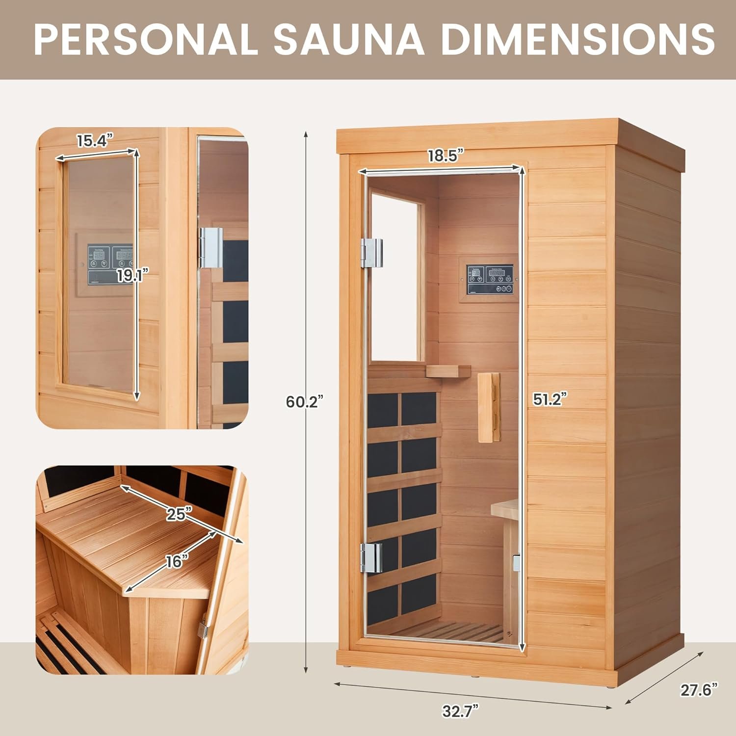 1 Personal Infrared Sauna, Mini Infrared Sauna for Home, Indoor Dry Sauna with 4 Heater Panels, Bluetooth and Tempered Glass,Canadian Hemlock 6 1 Personal Infrared Sauna, Mini Infrared Sauna for Home, Indoor Dry Sauna with 4 Heater Panels, Bluetooth and Tempered Glass,Canadian Hemlock - Image 6