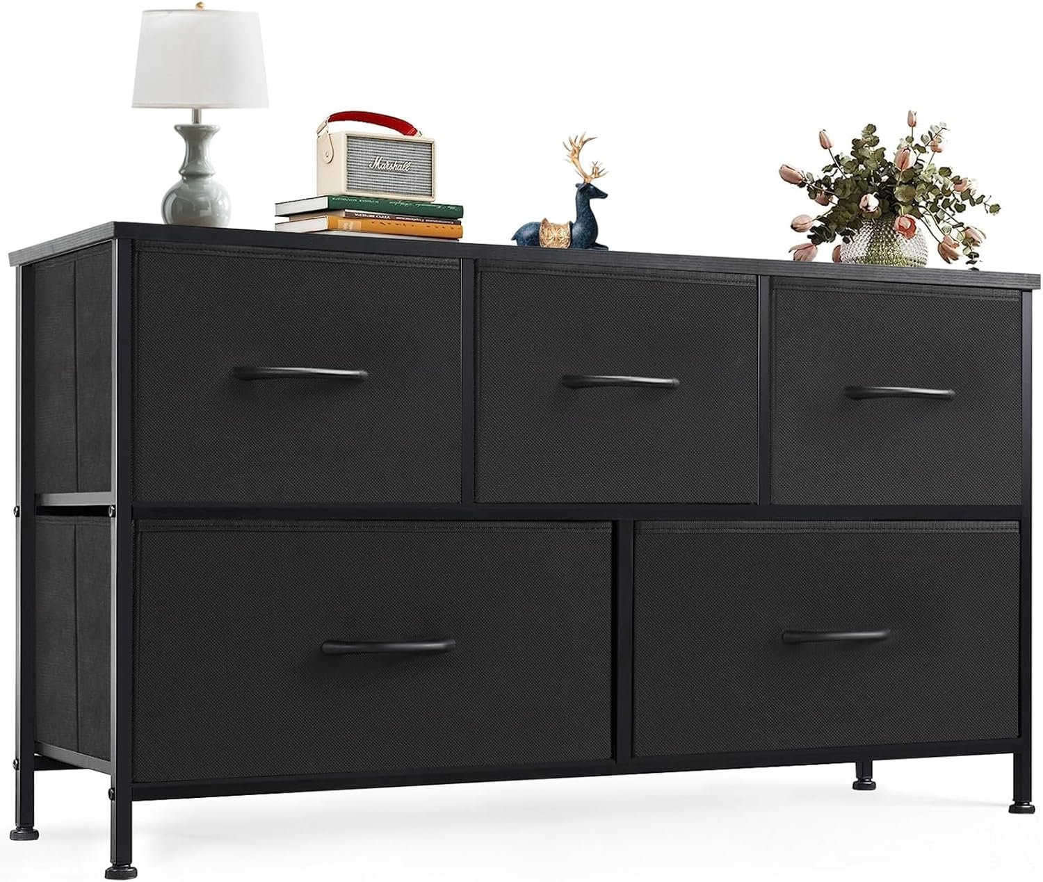 OLIXIS Dresser for Bedroom with 5 Drawers, Wide Chest of Drawers, Fabric Bedroom Dresser with Drawer Organizer, Storage Organizer Unit with Fabric Bins for Closet, Living Room, Hallway, Classic Black