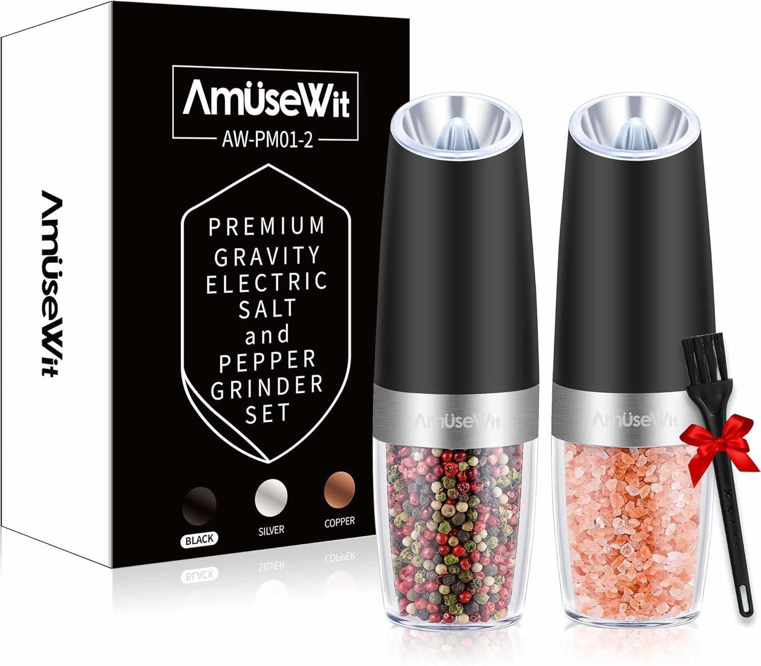 AmuseWit Gravity Electric Salt and Pepper Grinder Set of 2 [White Light] Battery Operated Automatic Pepper and Salt Mills with Light,Adjustable Coarseness,One Handed Operation,Black