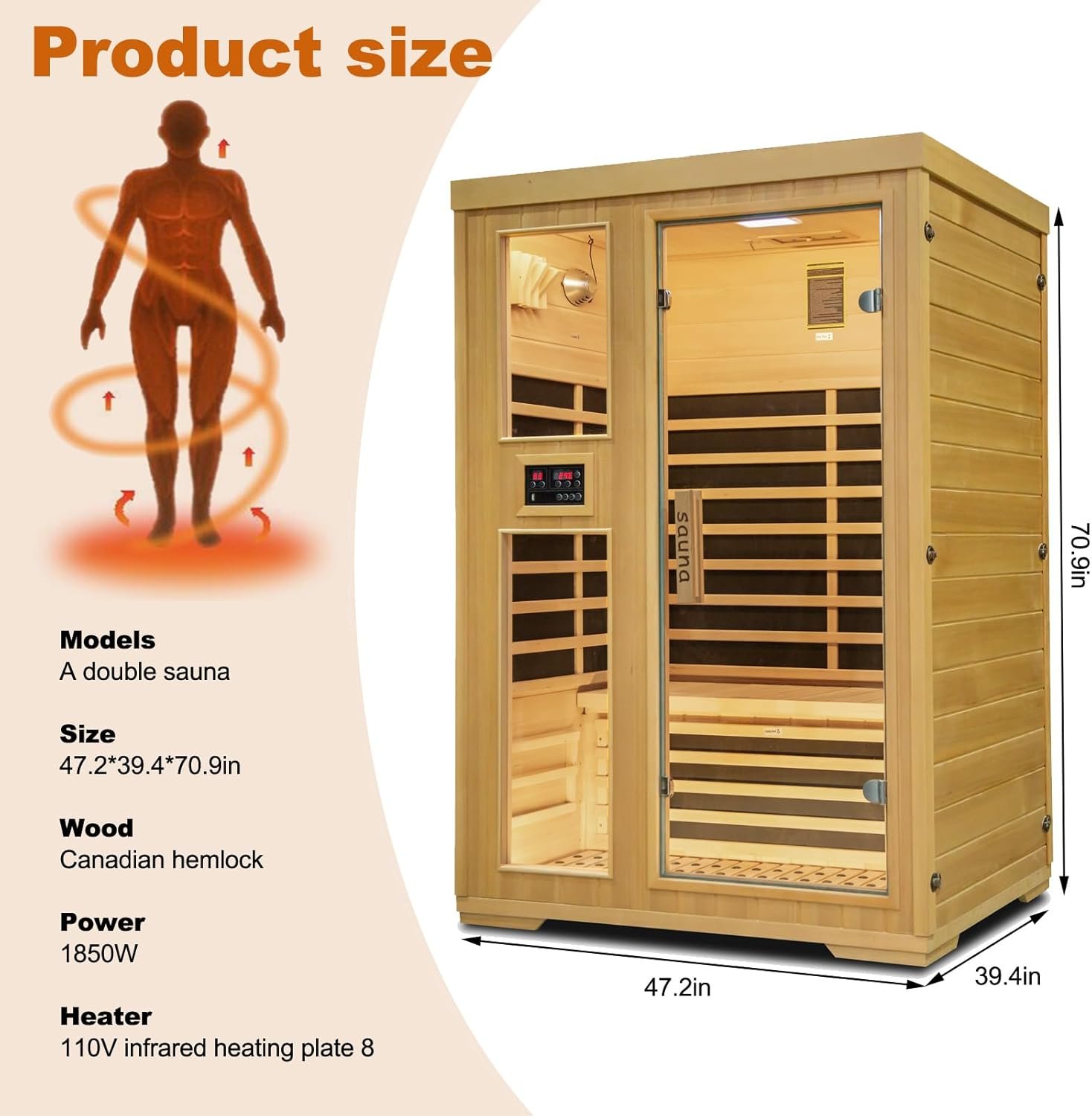 Far Infrared Sauna Room for Home,Canadian Hemlock 2 Person Wooden Dry Sauna with Dual Control Panel and MP3 Controller, Time and Temp Pre-Set,8 Carbon Panels,Led Reading Lamp,Valentine's Day Gift 2 Far Infrared Sauna Room for Home,Canadian Hemlock 2 Person Wooden Dry Sauna with Dual Control Panel and MP3 Controller, Time and Temp Pre-Set,8 Carbon Panels,Led Reading Lamp,Valentine's Day Gift - Image 2