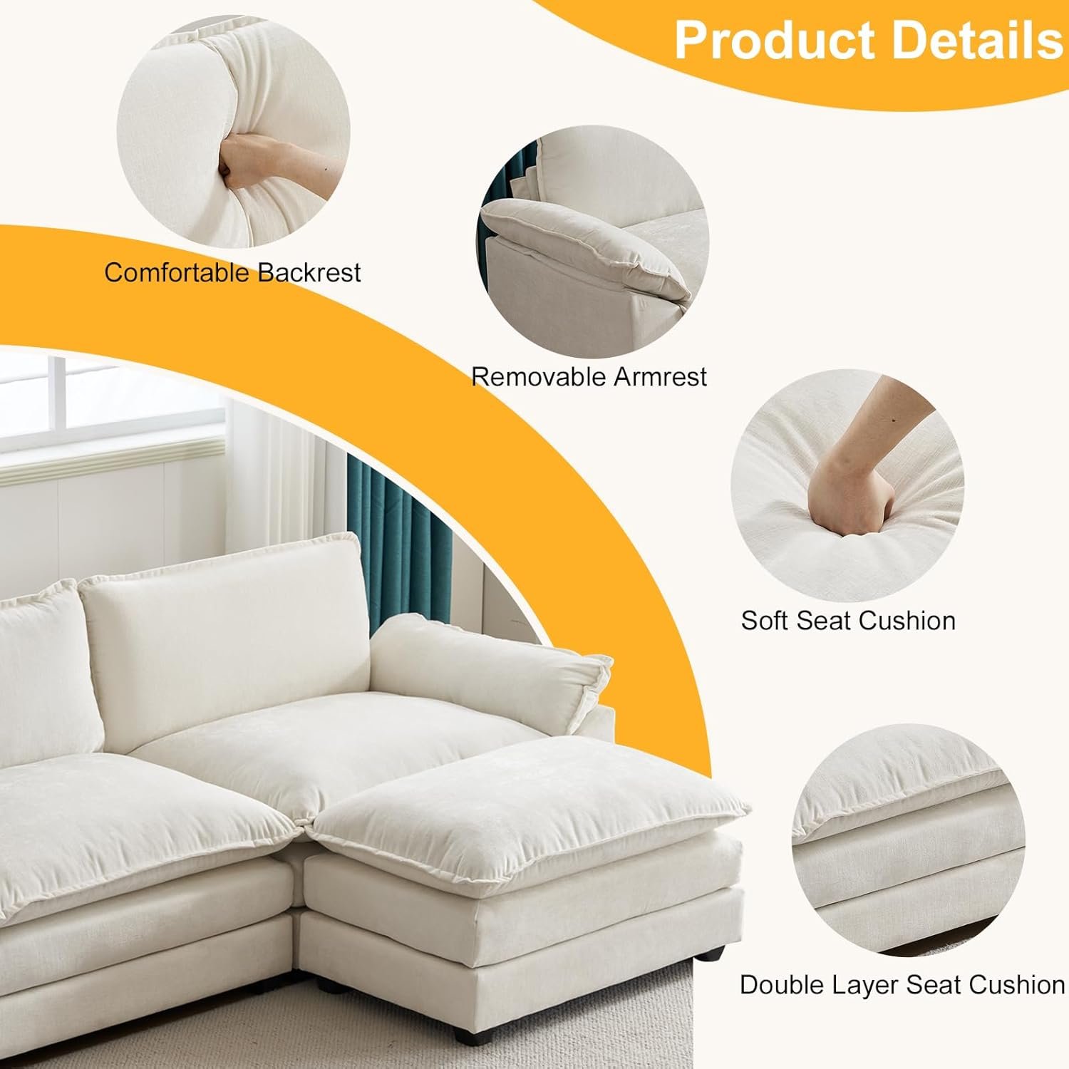 Karl home Sectional Sofa Modular Deep Seat Sofa Couch with Ottoman, Chenille Sofa Sleeper Comfy Upholstered Furniture for Living Room, Apartment, Studio, Office, (3-Seat & 1-Ottoman, Beige) 3 Karl home Sectional Sofa Modular Deep Seat Sofa Couch with Ottoman, Chenille Sofa Sleeper Comfy Upholstered Furniture for Living Room, Apartment, Studio, Office, (3-Seat & 1-Ottoman, Beige) - Image 3