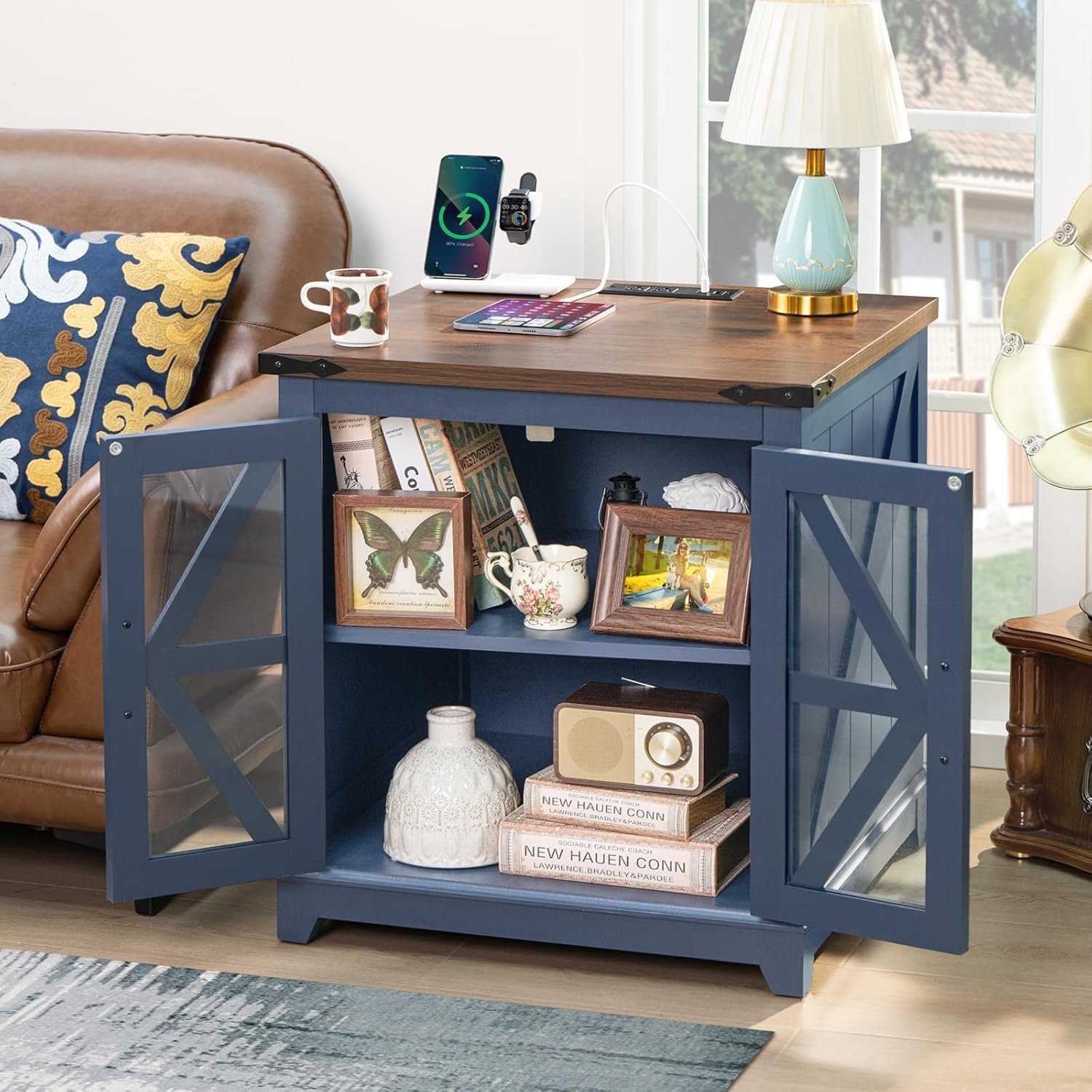 Farmhouse End Table with Charging Station Set 2, 24" Large Sofa Side Table with Glass Barn Door, Blue Nightstand with Adjustable Storage Shelf,Wood Square Bedside Table for Living Room,Bedroom 4 Farmhouse End Table with Charging Station Set 2, 24" Large Sofa Side Table with Glass Barn Door, Blue Nightstand with Adjustable Storage Shelf,Wood Square Bedside Table for Living Room,Bedroom - Image 4