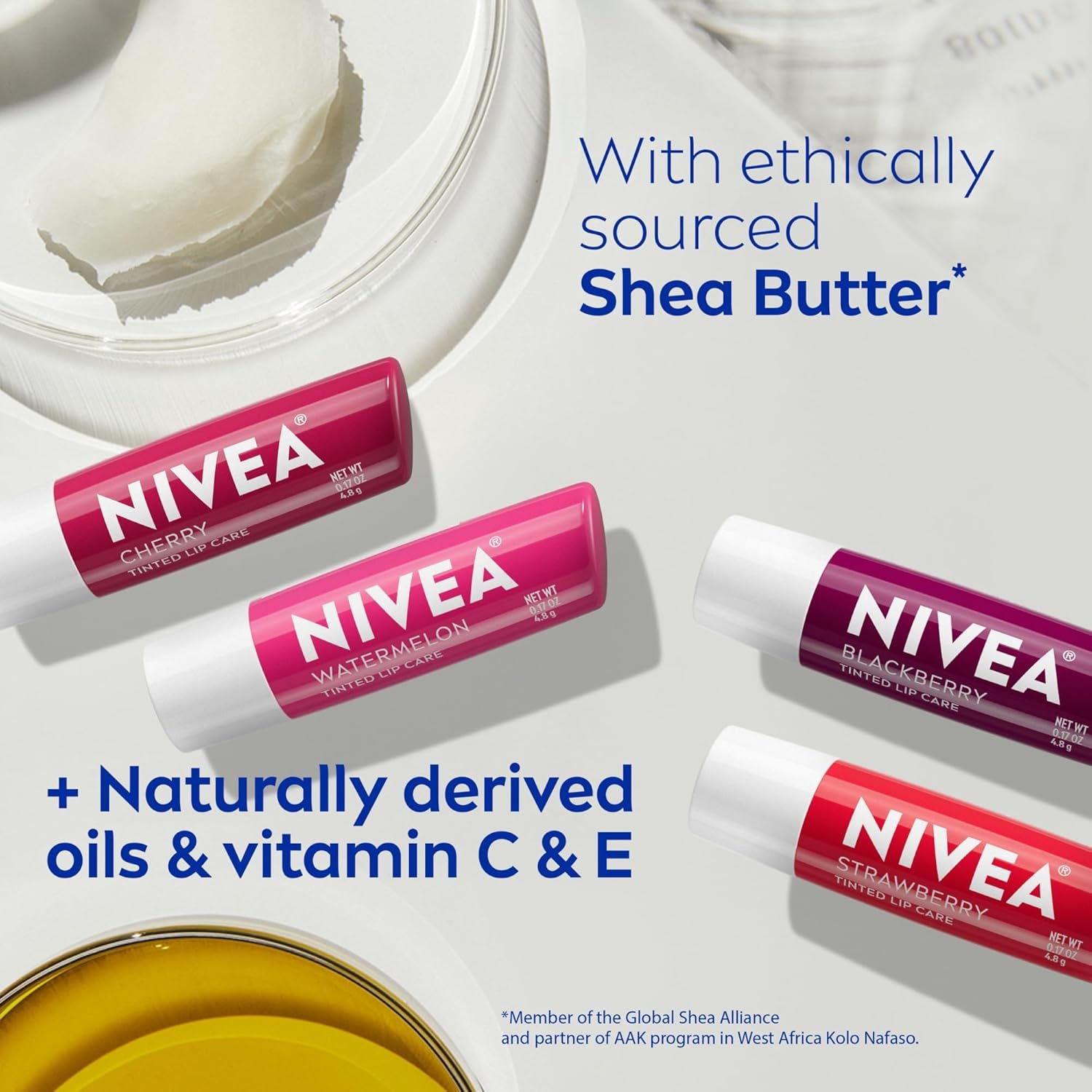 NIVEA Lip Care, Fruity Tinted Lip Balm Variety Pack, Cherry, Strawberry, Blackberry and Watermelon Flavors, 3-in-1 Moisture, Repair and Color, 0.17 Oz Stick, Pack of 4 8 NIVEA Lip Care, Fruity Tinted Lip Balm Variety Pack, Cherry, Strawberry, Blackberry and Watermelon Flavors, 3-in-1 Moisture, Repair and Color, 0.17 Oz Stick, Pack of 4 - Image 8