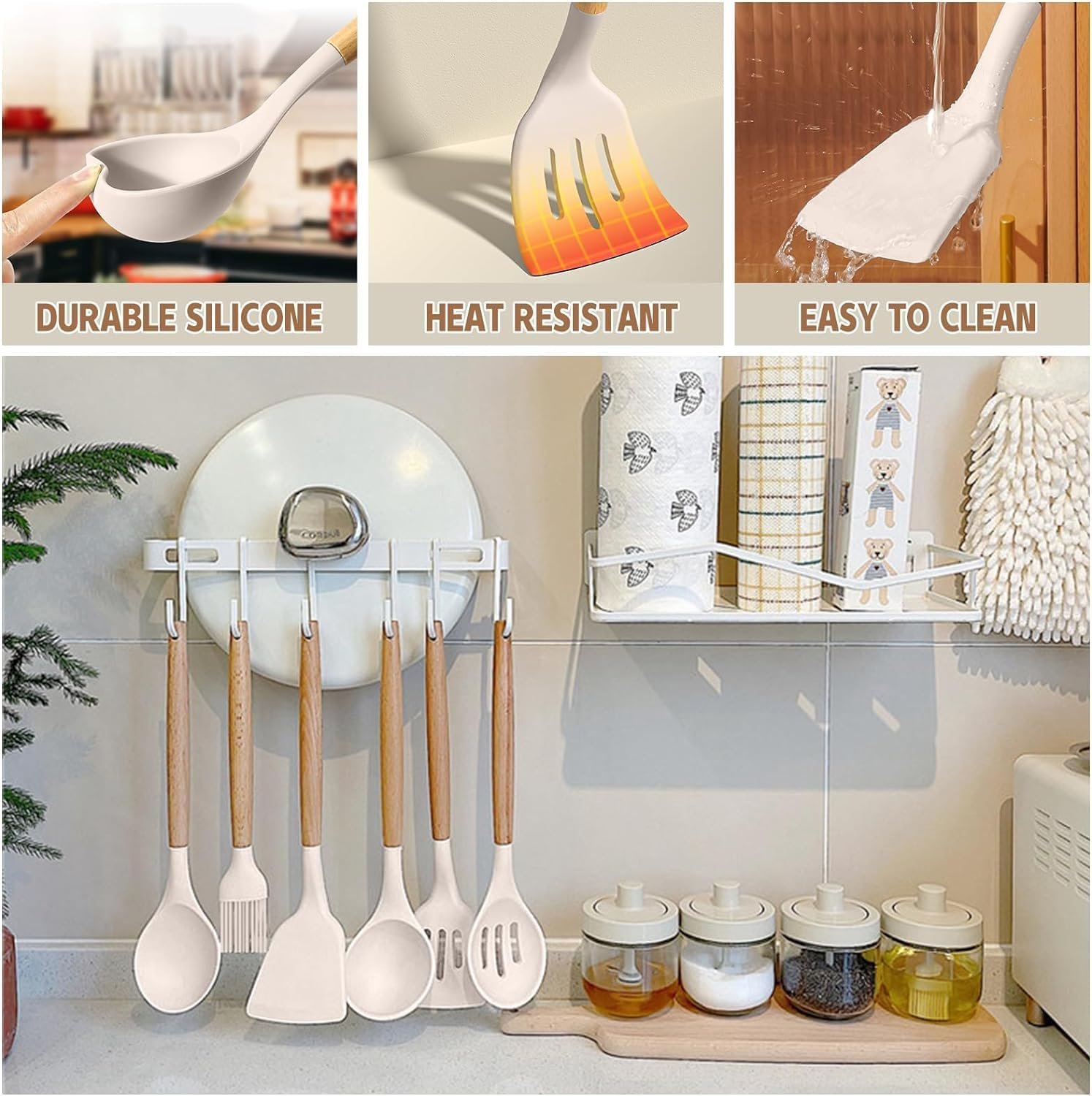 Umite Chef Kitchen Cooking Utensils Set, 33 pcs Non-Stick Silicone Cooking Kitchen Utensils Spatula Set with Holder, Wooden Handle Silicone Kitchen Gadgets Utensil Set (Khaki) 6 Umite Chef Kitchen Cooking Utensils Set, 33 pcs Non-Stick Silicone Cooking Kitchen Utensils Spatula Set with Holder, Wooden Handle Silicone Kitchen Gadgets Utensil Set (Khaki) - Image 6