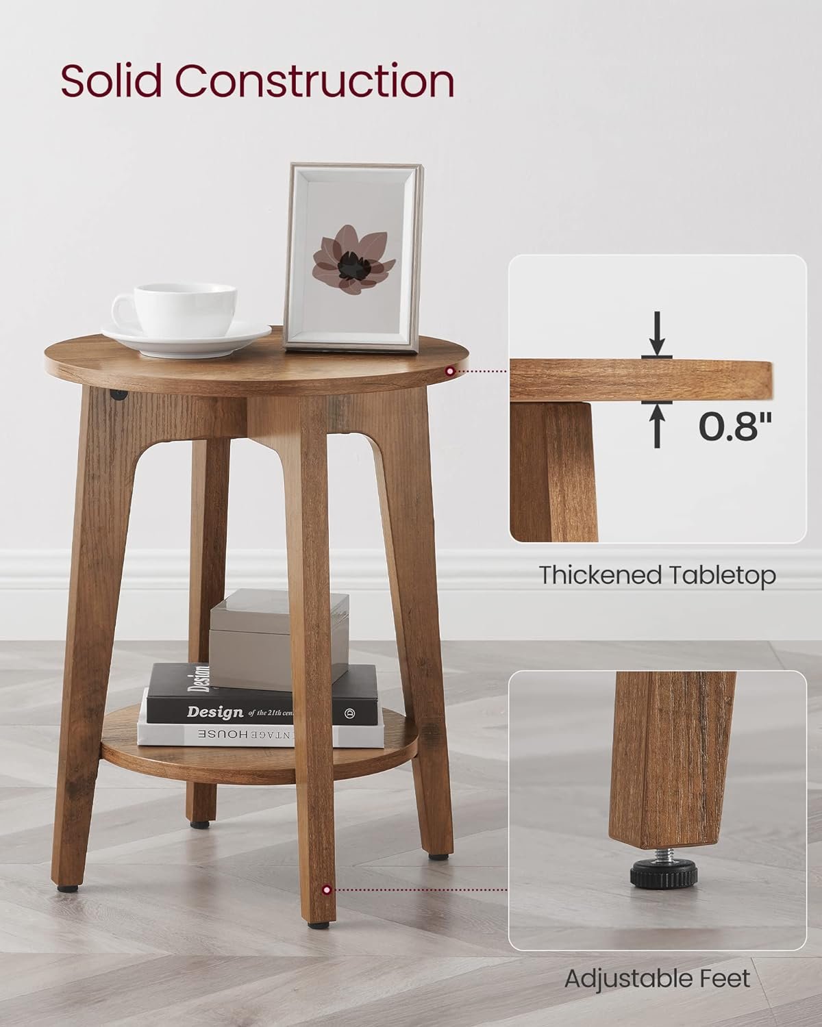 VASAGLE Side Table, Small Round End Table with Lower Shelf, Nightstand for Small Spaces, Living Room, Bedroom, Rustic Walnut ULET283T41 5 VASAGLE Side Table, Small Round End Table with Lower Shelf, Nightstand for Small Spaces, Living Room, Bedroom, Rustic Walnut ULET283T41 - Image 5
