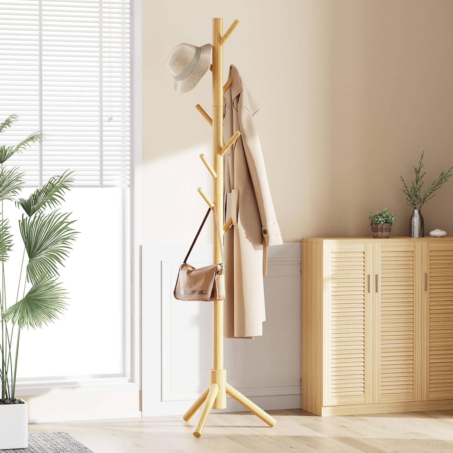 Pipishell Coat Rack Sturdy Wooden Coat Rack Stand, Adjustable Coat Tree, Free Standing Tree Hanger with 4 Sections & 8 Hooks, for Home/Bedroom/Office/Hallway/Entryway 7 Pipishell Coat Rack Sturdy Wooden Coat Rack Stand, Adjustable Coat Tree, Free Standing Tree Hanger with 4 Sections & 8 Hooks, for Home/Bedroom/Office/Hallway/Entryway - Image 7