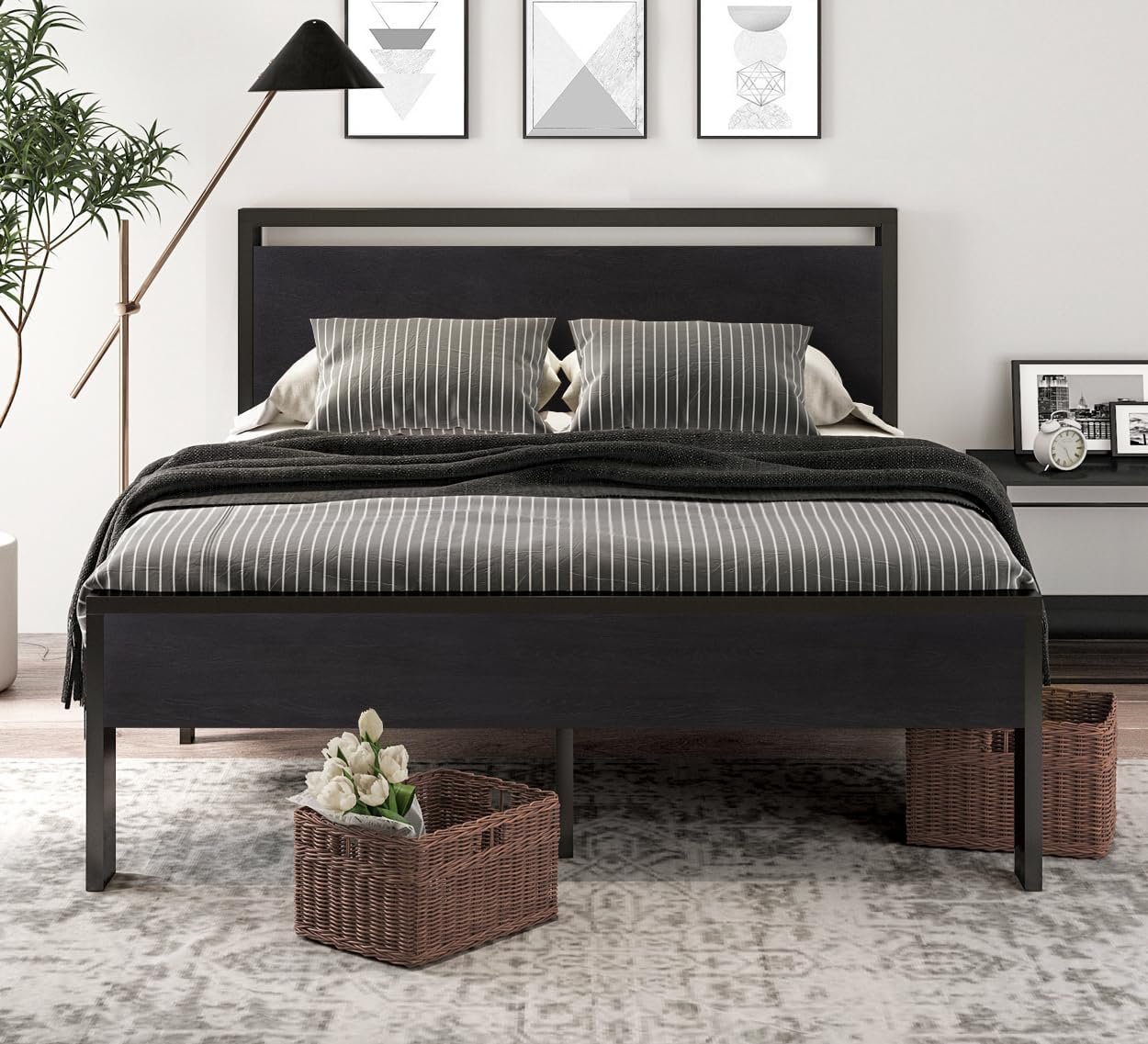 SHA CERLIN 14 Inch Full Size Metal Platform Bed Frame with Wooden Headboard and Footboard, Mattress Foundation, No Box Spring Needed, Large Under Bed Storage, Non-Slip Without Noise, Black Oak 3 SHA CERLIN 14 Inch Full Size Metal Platform Bed Frame with Wooden Headboard and Footboard, Mattress Foundation, No Box Spring Needed, Large Under Bed Storage, Non-Slip Without Noise, Black Oak - Image 3