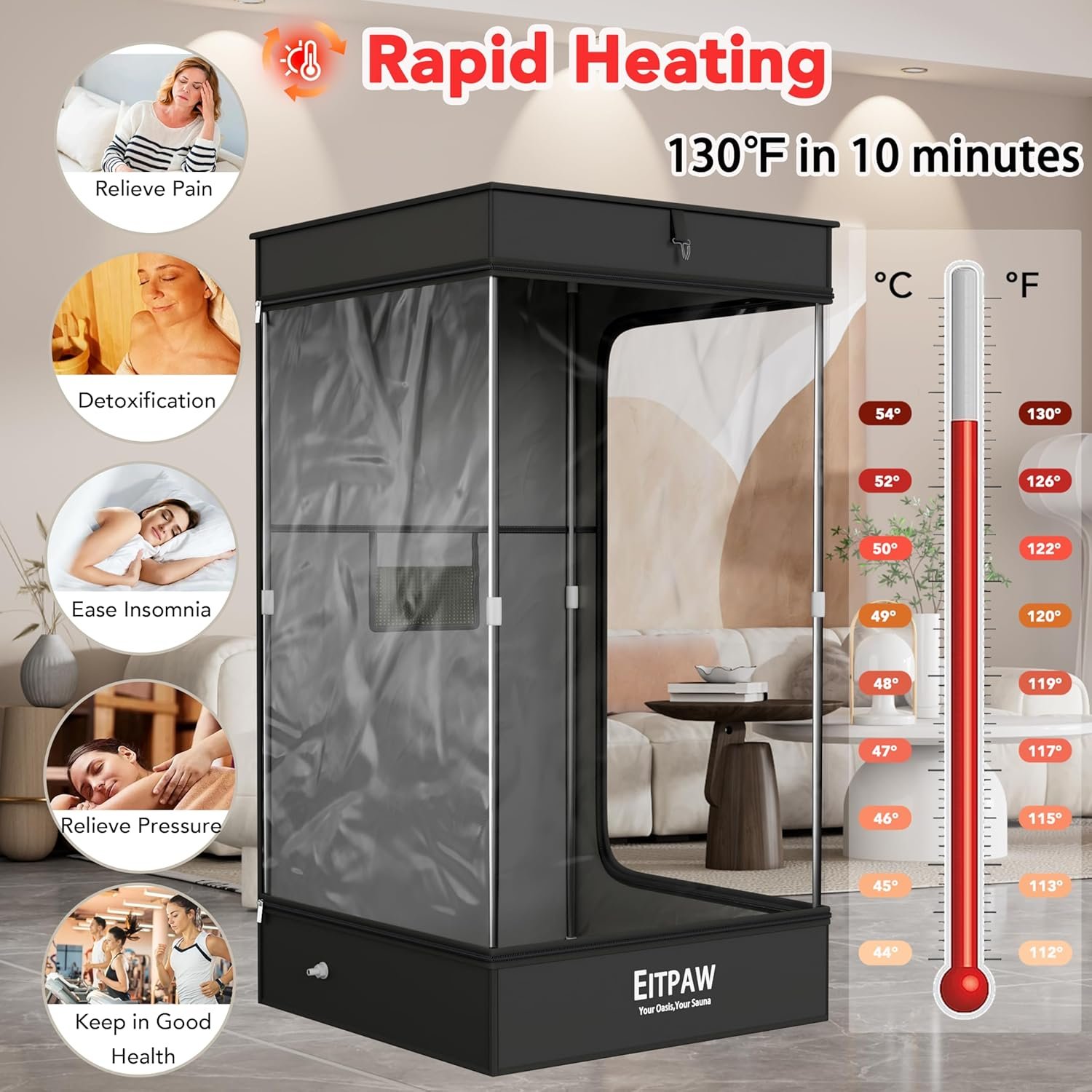 Eitpaw Sauna Box, Transparent Steam Sauna for Home Personal Use, RGB LED Light, 2.6L & 1000W Steamer, Widen Foldable Chair, 2.95’ x 2.95’ x 5.25’, Transparent Black 3 Eitpaw Sauna Box, Transparent Steam Sauna for Home Personal Use, RGB LED Light, 2.6L & 1000W Steamer, Widen Foldable Chair, 2.95’ x 2.95’ x 5.25’, Transparent Black - Image 3