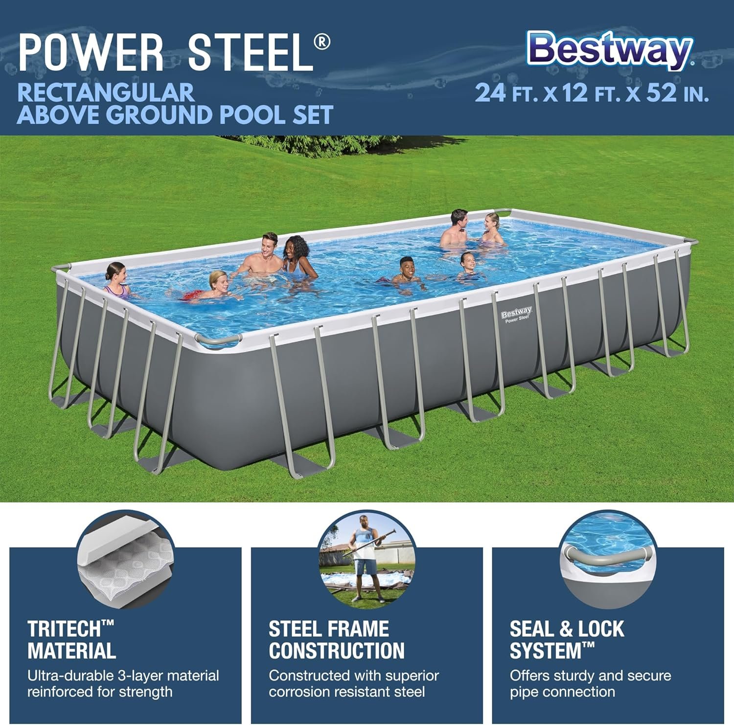 Bestway Power Steel 24' x 12' x 52" Rectangular Metal Frame Above Ground Swimming Pool Set with 1500 GPH Sand Filter Pump, Ladder, and Pool Cover 2 Bestway Power Steel 24' x 12' x 52" Rectangular Metal Frame Above Ground Swimming Pool Set with 1500 GPH Sand Filter Pump, Ladder, and Pool Cover - Image 2