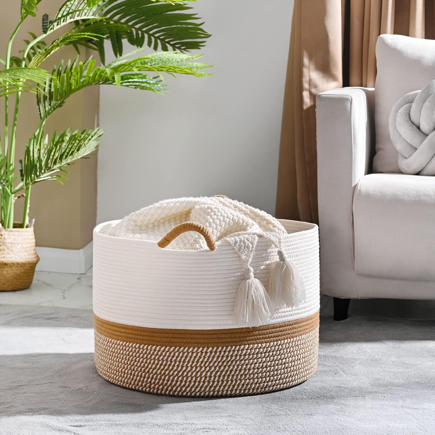 KAKAMAY Large Blanket Basket (20"x13"),Woven Baskets for storage Baby Laundry Hamper, Cotton Rope Blanket Basket for Living Room, Laundry, Nursery, Pillows, Baby Toy chest (White/Brown) 2 KAKAMAY Large Blanket Basket (20"x13"),Woven Baskets for storage Baby Laundry Hamper, Cotton Rope Blanket Basket for Living Room, Laundry, Nursery, Pillows, Baby Toy chest (White/Brown) - Image 2