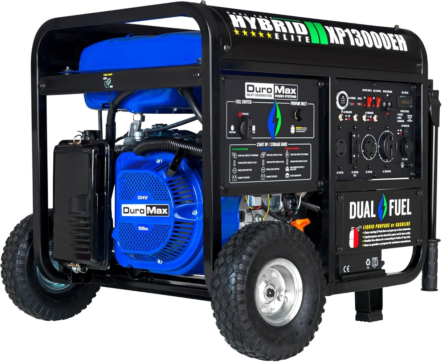 DuroMax XP13000EH Dual Fuel Portable Generator 13000 Watt Gas or Propane Powered Electric Start-Home Back Up, Blue/Gray
