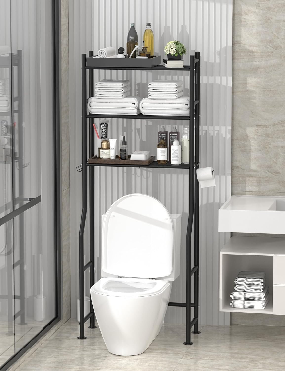 3-Tier Over The Toilet Storage, Freestanding Metal Bathroom Shelves with 4 Hooks, Over Toilet Storage Shelf with Paper Holder, Above The Toilet Shelf for Bathroom Storage, Black 2 3-Tier Over The Toilet Storage, Freestanding Metal Bathroom Shelves with 4 Hooks, Over Toilet Storage Shelf with Paper Holder, Above The Toilet Shelf for Bathroom Storage, Black - Image 2