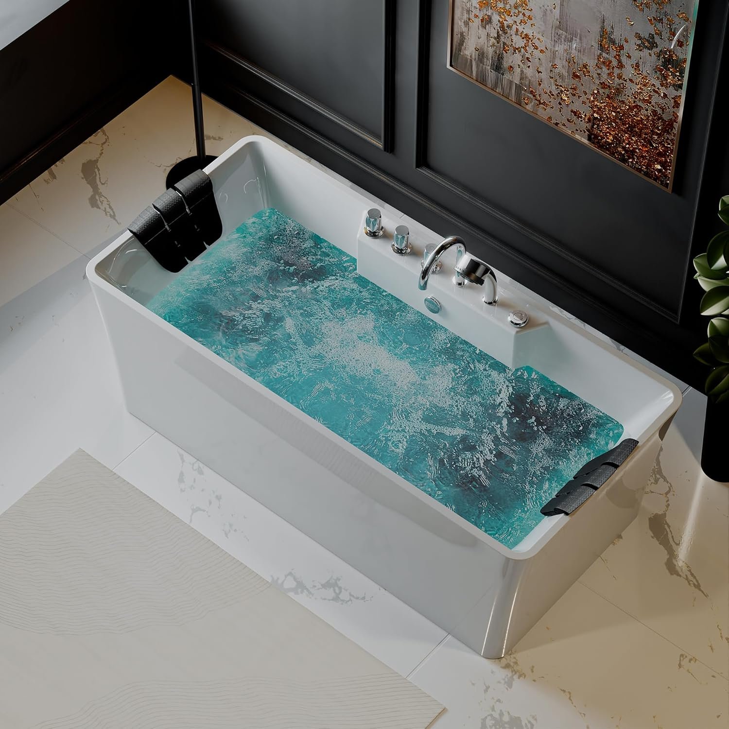 Empava 59-Inch White Freestanding Whirlpool Bathtub Rectangular with 8 Hydromassage Adjustable Water Jets