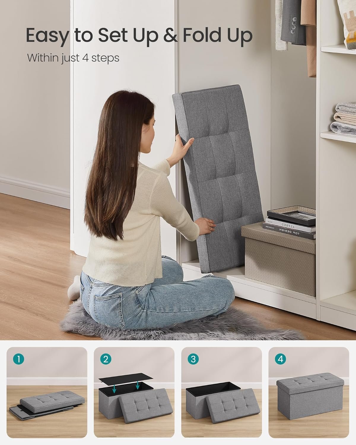 SONGMICS MAZIE Collection - 30 Inches Folding Storage Ottoman Bench, Ottoman Foot Rest, End of Bed Bench, Storage Chest, Load 660 lb, for Living Room, Bedroom, Entryway, Light Gray ULSF47G 6 SONGMICS MAZIE Collection - 30 Inches Folding Storage Ottoman Bench, Ottoman Foot Rest, End of Bed Bench, Storage Chest, Load 660 lb, for Living Room, Bedroom, Entryway, Light Gray ULSF47G - Image 6