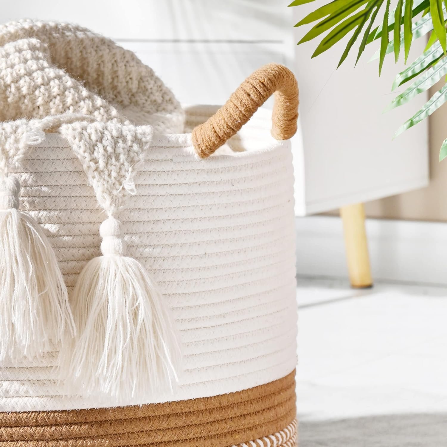 KAKAMAY Large Blanket Basket (20"x13"),Woven Baskets for storage Baby Laundry Hamper, Cotton Rope Blanket Basket for Living Room, Laundry, Nursery, Pillows, Baby Toy chest (White/Brown) 4 KAKAMAY Large Blanket Basket (20"x13"),Woven Baskets for storage Baby Laundry Hamper, Cotton Rope Blanket Basket for Living Room, Laundry, Nursery, Pillows, Baby Toy chest (White/Brown) - Image 4