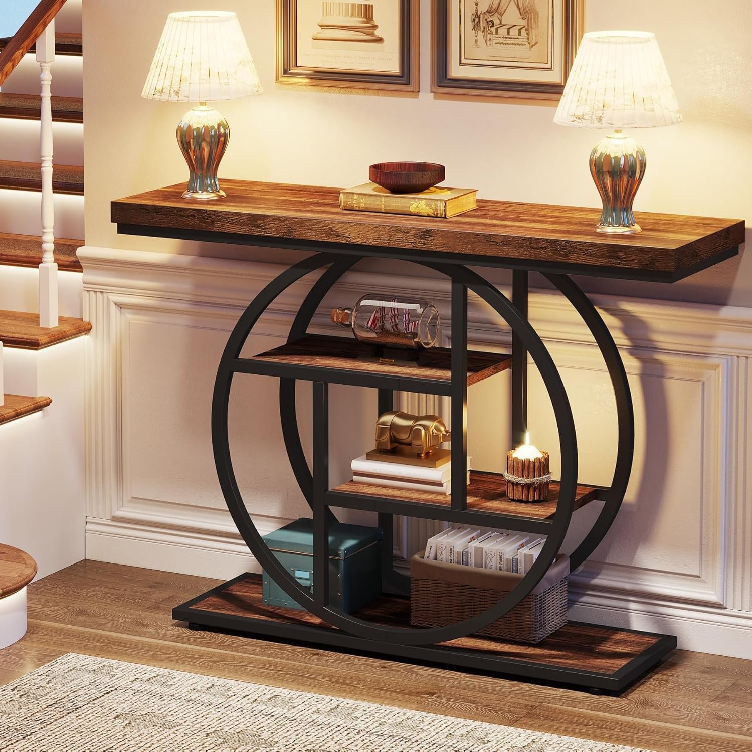 Tribesigns 41.3" Console Table, Industrial 4-Tier Sofa Table Entryway Table with Circle Base, Narrow Wood Accent Tables with Storage Shelves for Living Room, Hallway, Foyer, Rustic Brown 5 Tribesigns 41.3" Console Table, Industrial 4-Tier Sofa Table Entryway Table with Circle Base, Narrow Wood Accent Tables with Storage Shelves for Living Room, Hallway, Foyer, Rustic Brown - Image 5