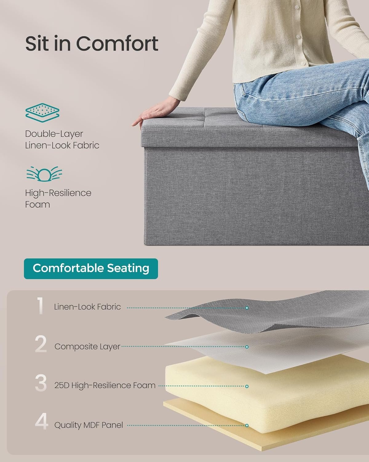 SONGMICS MAZIE Collection - 30 Inches Folding Storage Ottoman Bench, Ottoman Foot Rest, End of Bed Bench, Storage Chest, Load 660 lb, for Living Room, Bedroom, Entryway, Light Gray ULSF47G 5 SONGMICS MAZIE Collection - 30 Inches Folding Storage Ottoman Bench, Ottoman Foot Rest, End of Bed Bench, Storage Chest, Load 660 lb, for Living Room, Bedroom, Entryway, Light Gray ULSF47G - Image 5