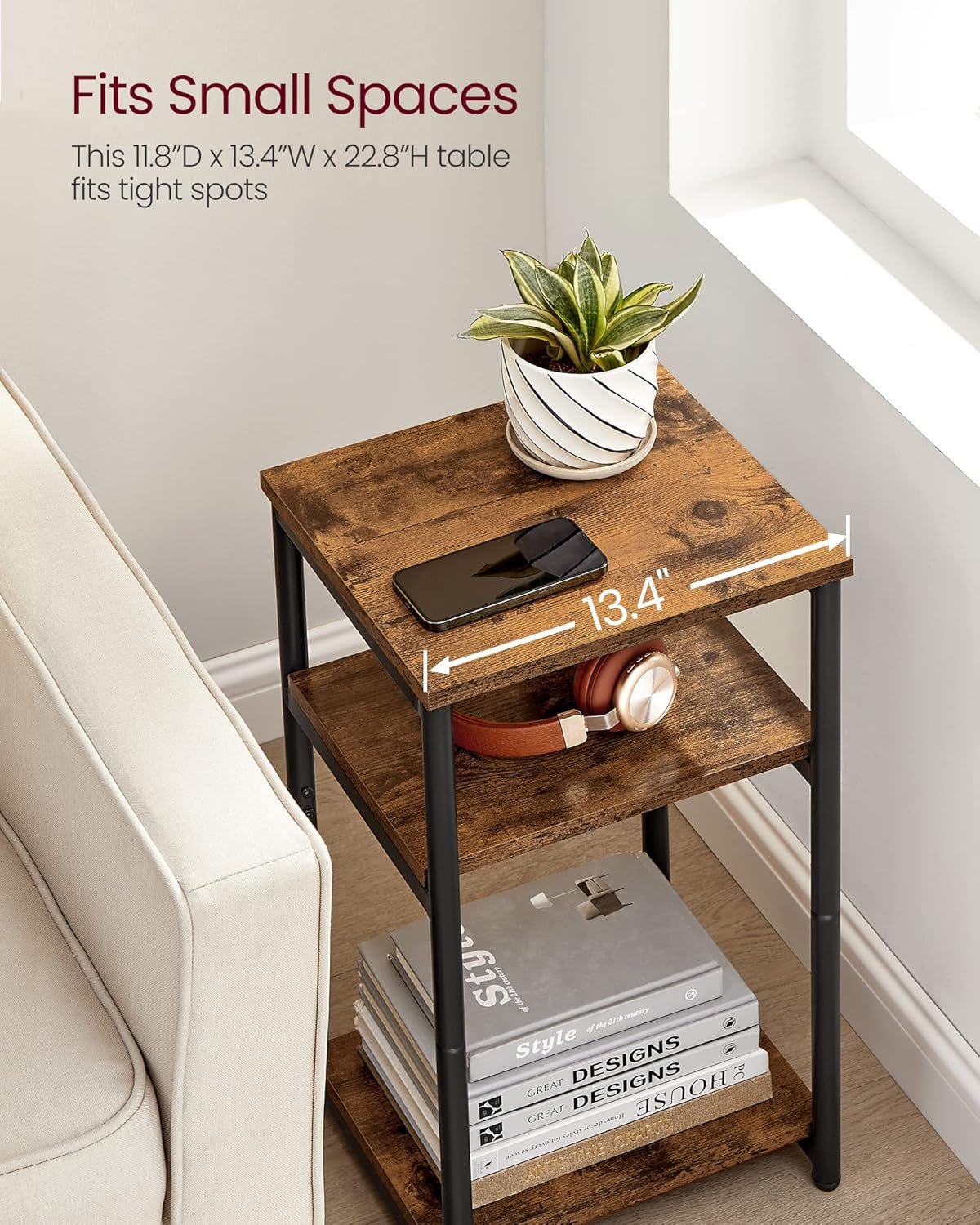 VASAGLE Side Table, Small End Table, Tall Nightstand for Living Room, Bedroom, Office, Bathroom, Rustic Brown and Classic Black ULET273B01 6 VASAGLE Side Table, Small End Table, Tall Nightstand for Living Room, Bedroom, Office, Bathroom, Rustic Brown and Classic Black ULET273B01 - Image 6