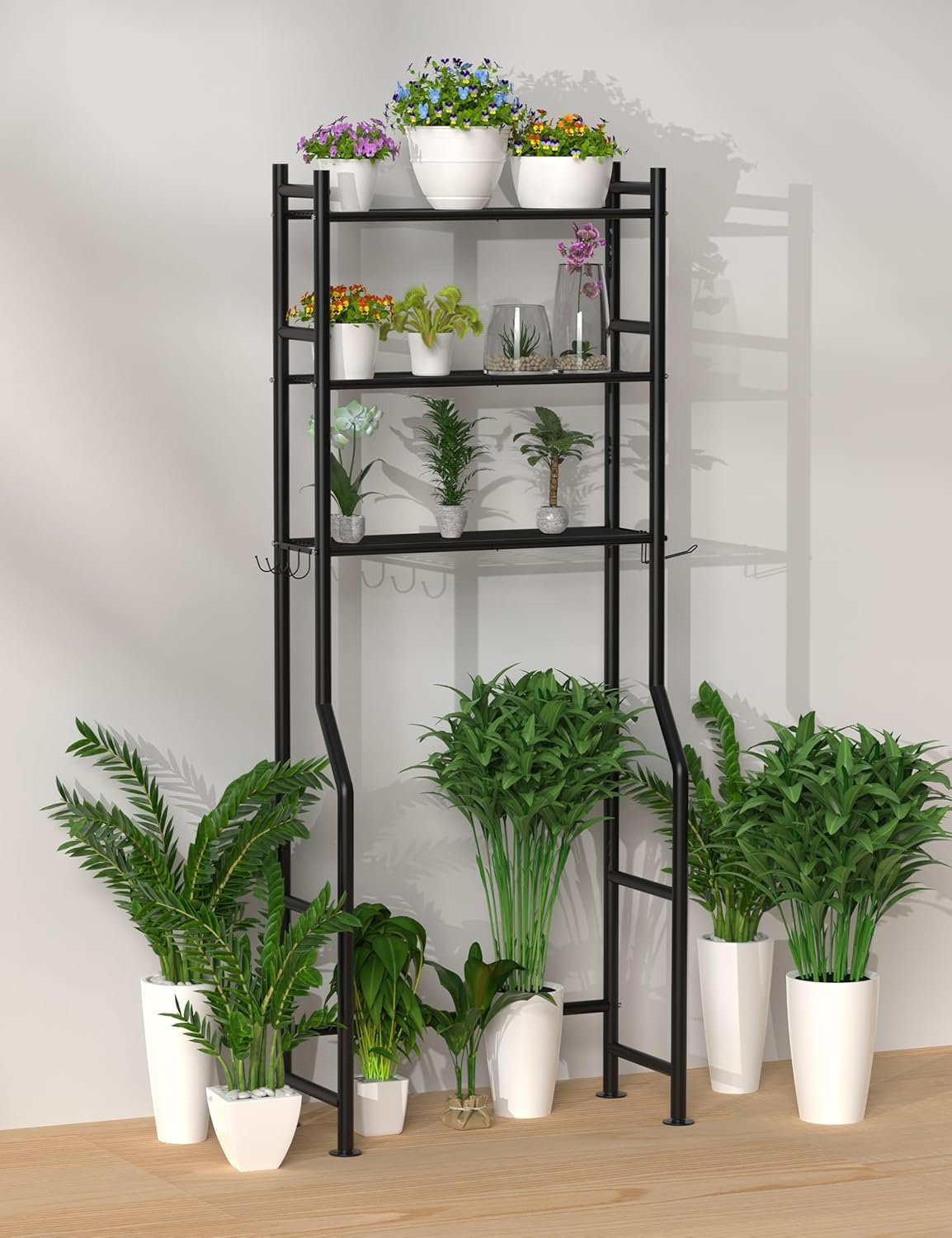 3-Tier Over The Toilet Storage, Freestanding Metal Bathroom Shelves with 4 Hooks, Over Toilet Storage Shelf with Paper Holder, Above The Toilet Shelf for Bathroom Storage, Black 7 3-Tier Over The Toilet Storage, Freestanding Metal Bathroom Shelves with 4 Hooks, Over Toilet Storage Shelf with Paper Holder, Above The Toilet Shelf for Bathroom Storage, Black - Image 7
